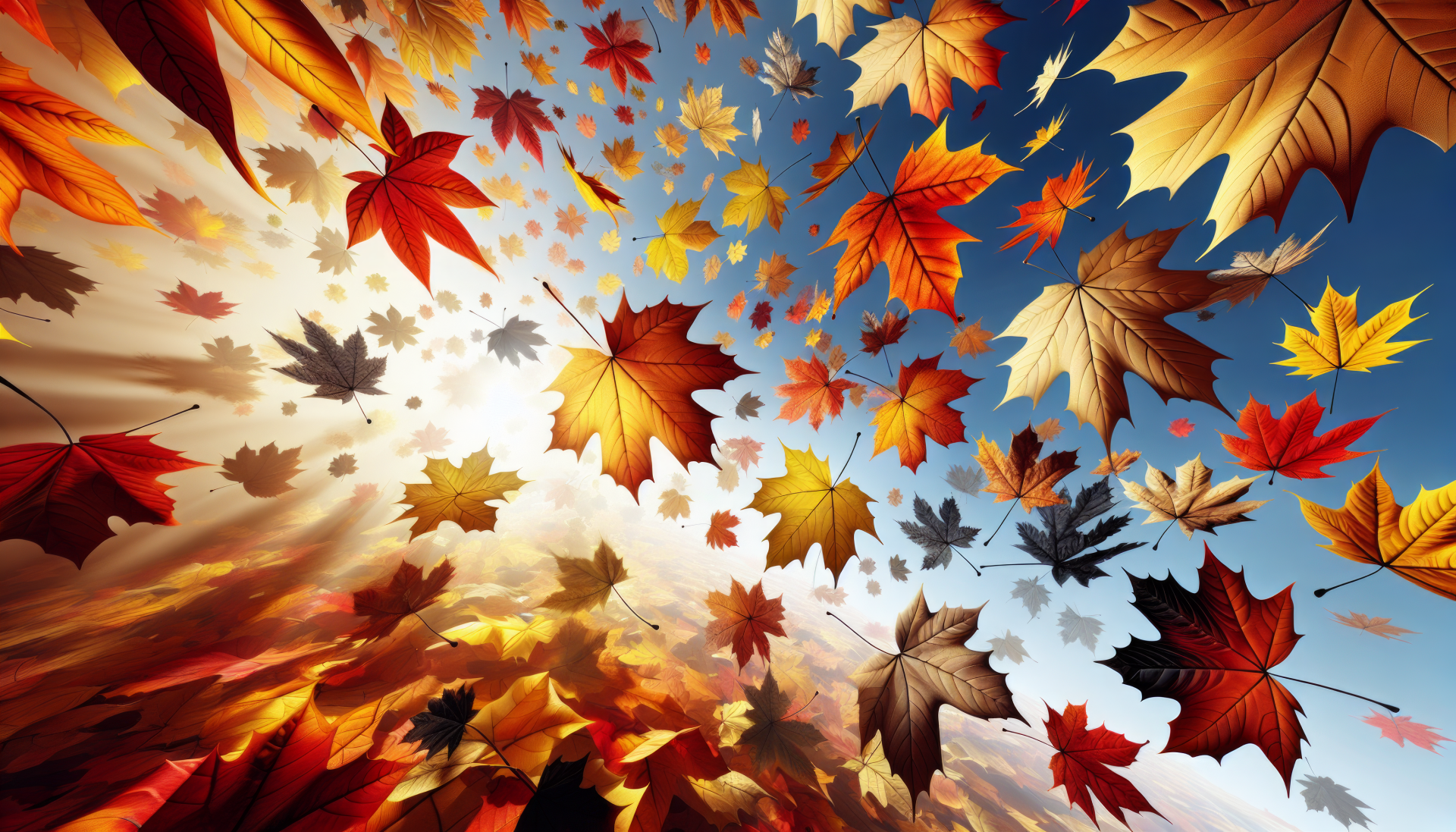 HD autumn leaves desktop wallpaper featuring a vibrant display of colorful falling leaves against a clear blue sky background.
