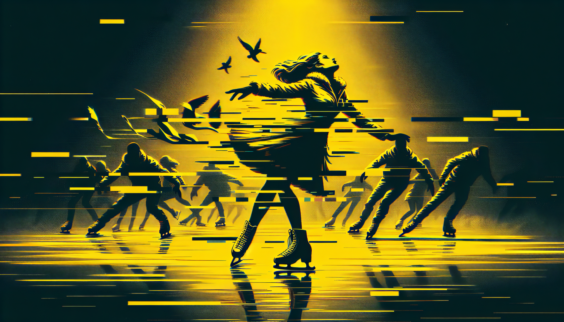 A dynamic ice skating scene featuring skaters in motion against a vivid yellow background, creating an energetic and artistic wallpaper for your desktop.