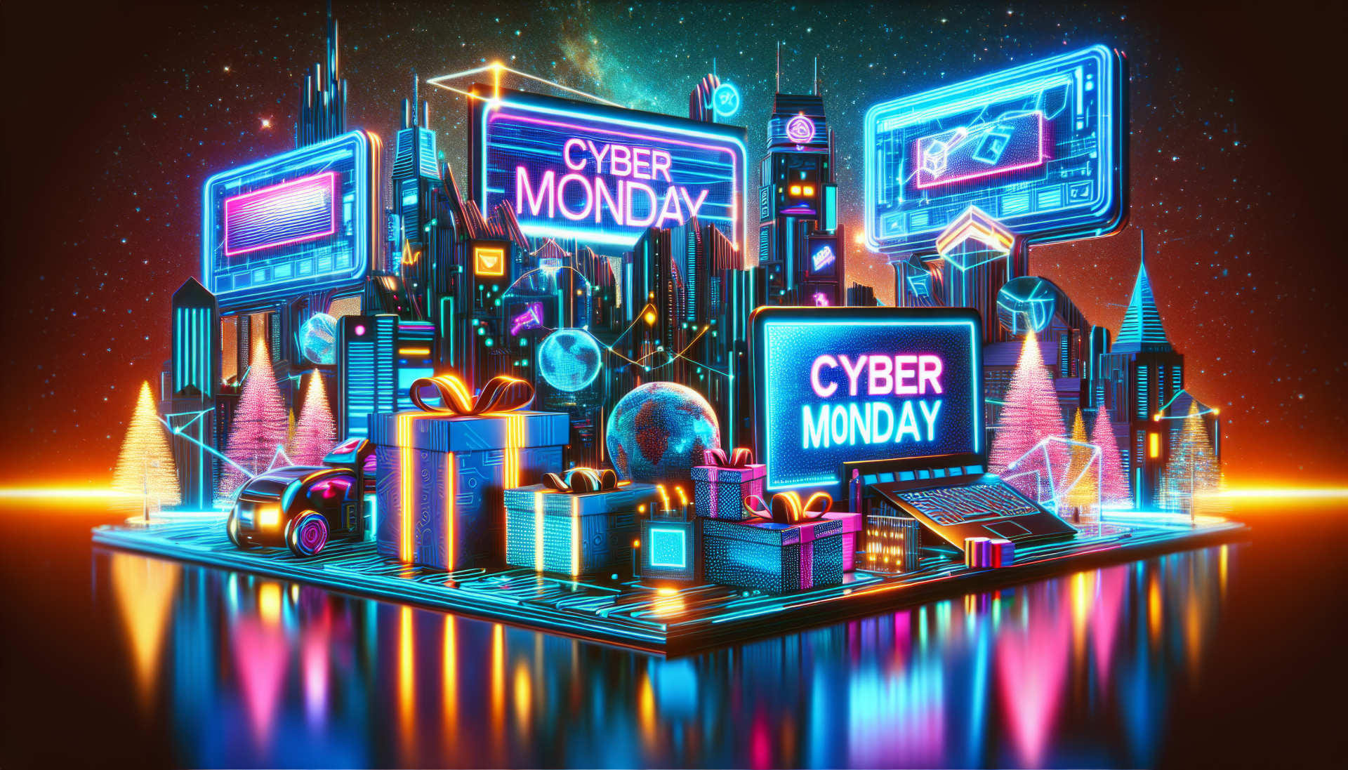 Cyber Monday themed HD wallpaper featuring a vibrant neon cityscape with digital displays and a laptop highlighting Cyber Monday deals.