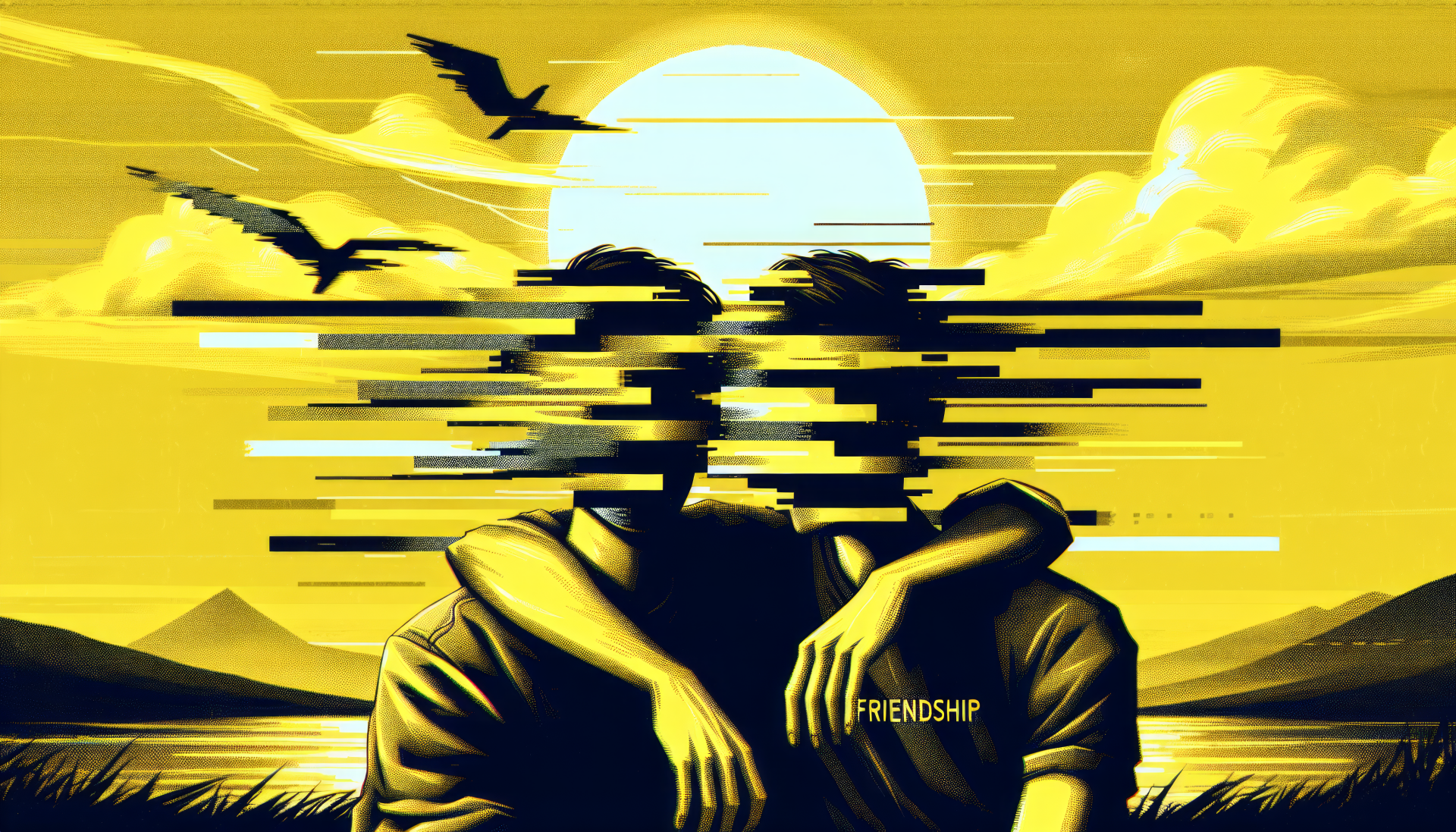 Abstract artistic friendship-themed HD desktop wallpaper featuring two silhouetted figures with a glitch effect over a yellow-toned landscape background with flying birds.