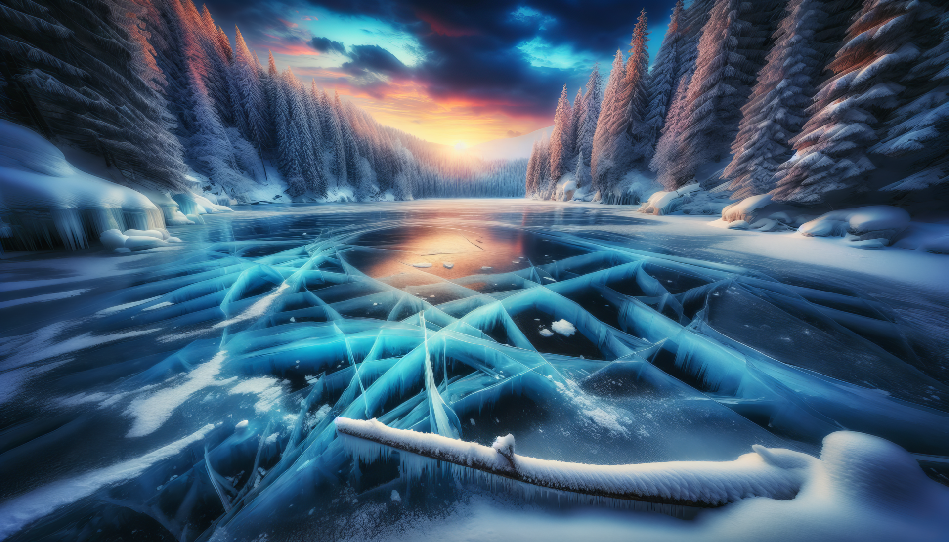 HD wallpaper of a stunning sunrise over a frozen lake with ice patterns and snow-covered trees.