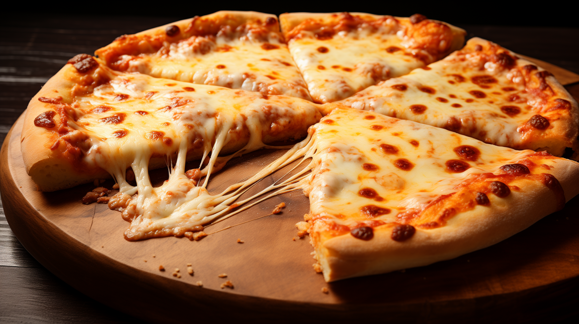 HD wallpaper of a mouthwatering cheese pizza with a perfectly melted, stringy cheese topping, beautifully captured for a desktop background.