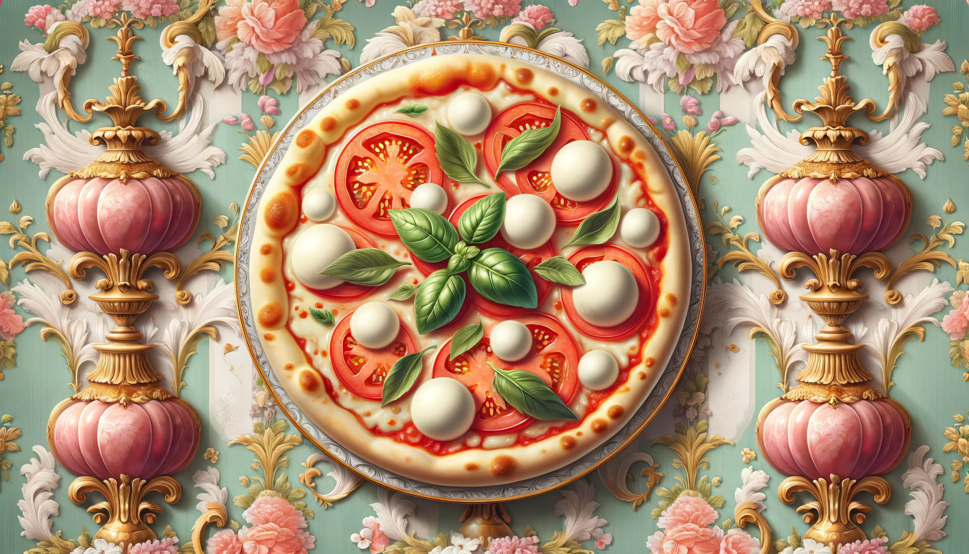 HD Margherita pizza desktop wallpaper featuring a vibrant depiction of a delicious pizza with fresh basil, mozzarella balls, and tomato slices on an ornate vintage-style background.