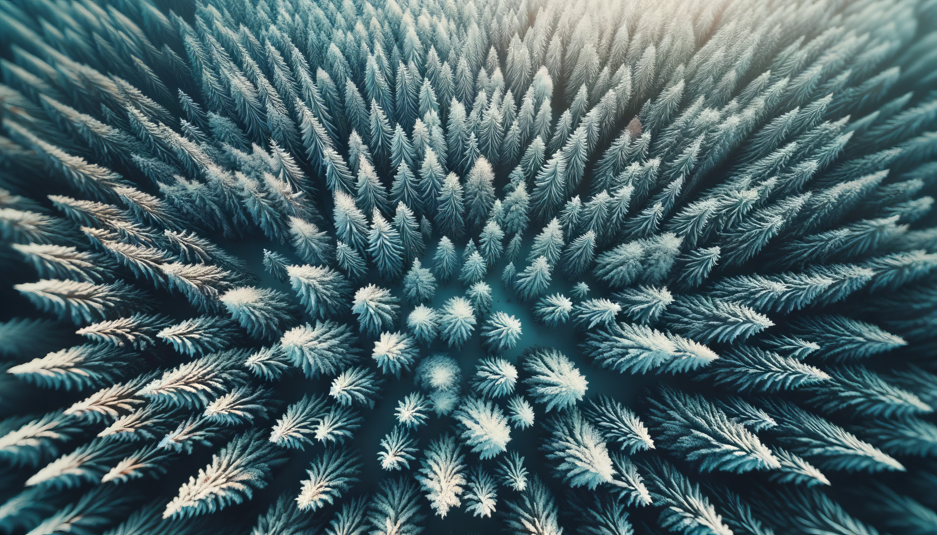 Aerial view of a winter forest, showcasing frosty evergreen trees in a vibrant pattern, creating a stunning HD desktop wallpaper and background.