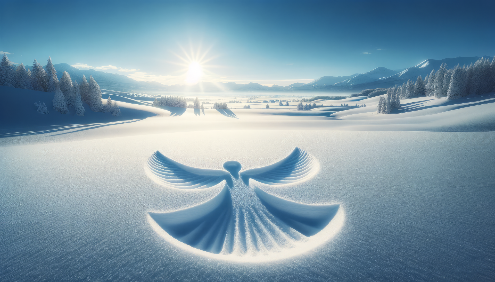 HD desktop wallpaper featuring a pristine snow angel under a brilliant sun in a snowy landscape with evergreen trees and mountains in the background.