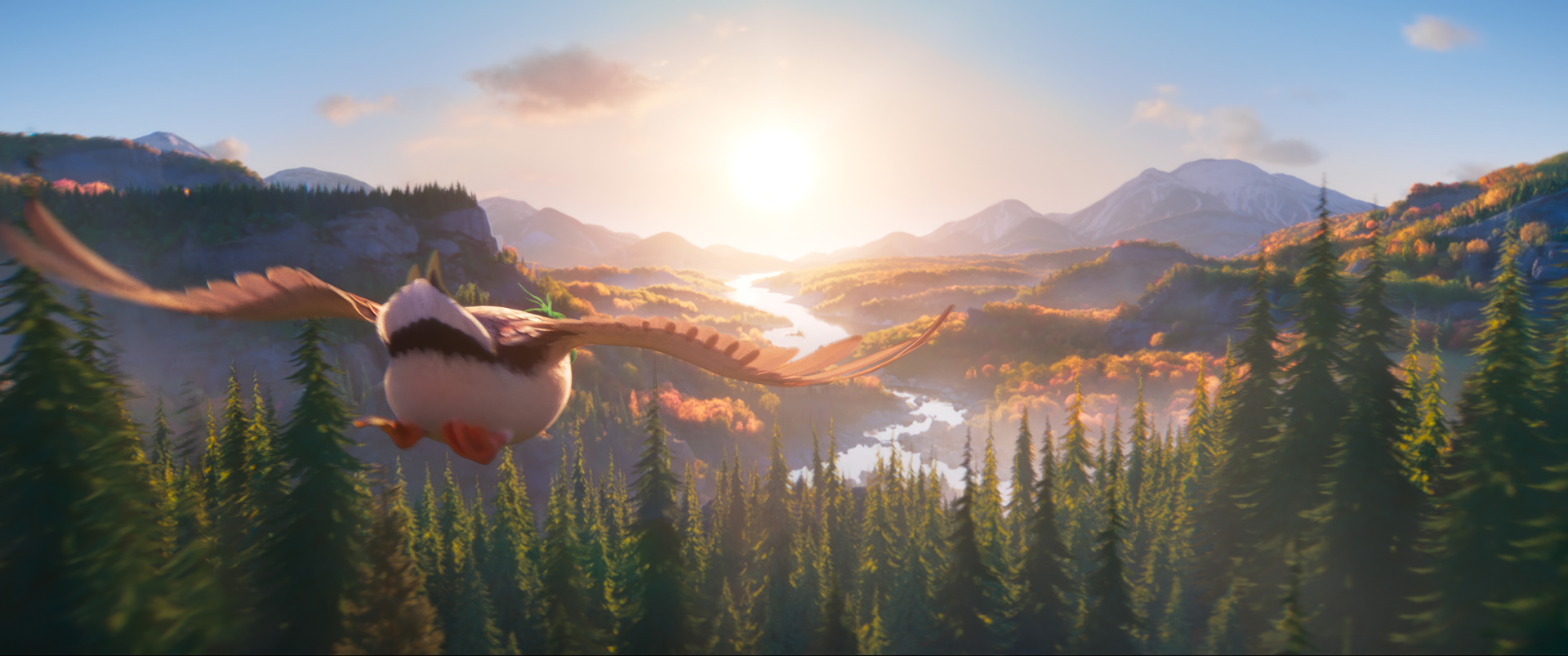 Animated bird flying over scenic valley at sunrise from the movie Migration (2023) - HD desktop wallpaper and background.