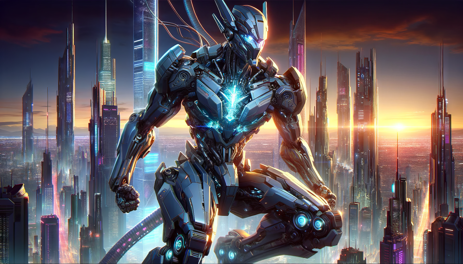 A stunning HD desktop wallpaper featuring a futuristic mecha robot poised against a vibrant city skyline at sunset, showcasing advanced technology and dynamic design.
