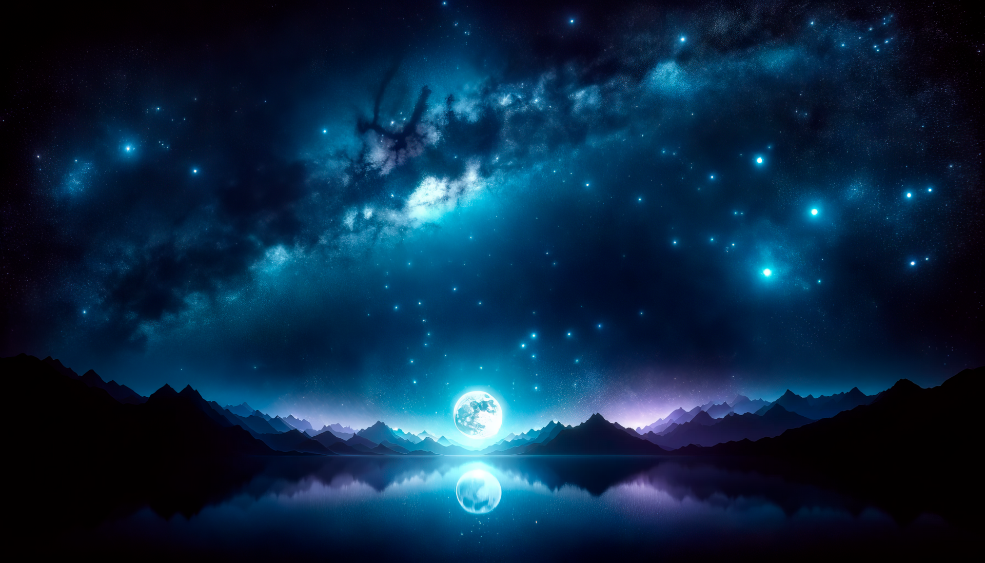 HD desktop wallpaper of a starry sky with a bright moon above mountainous landscape and its reflection in water.