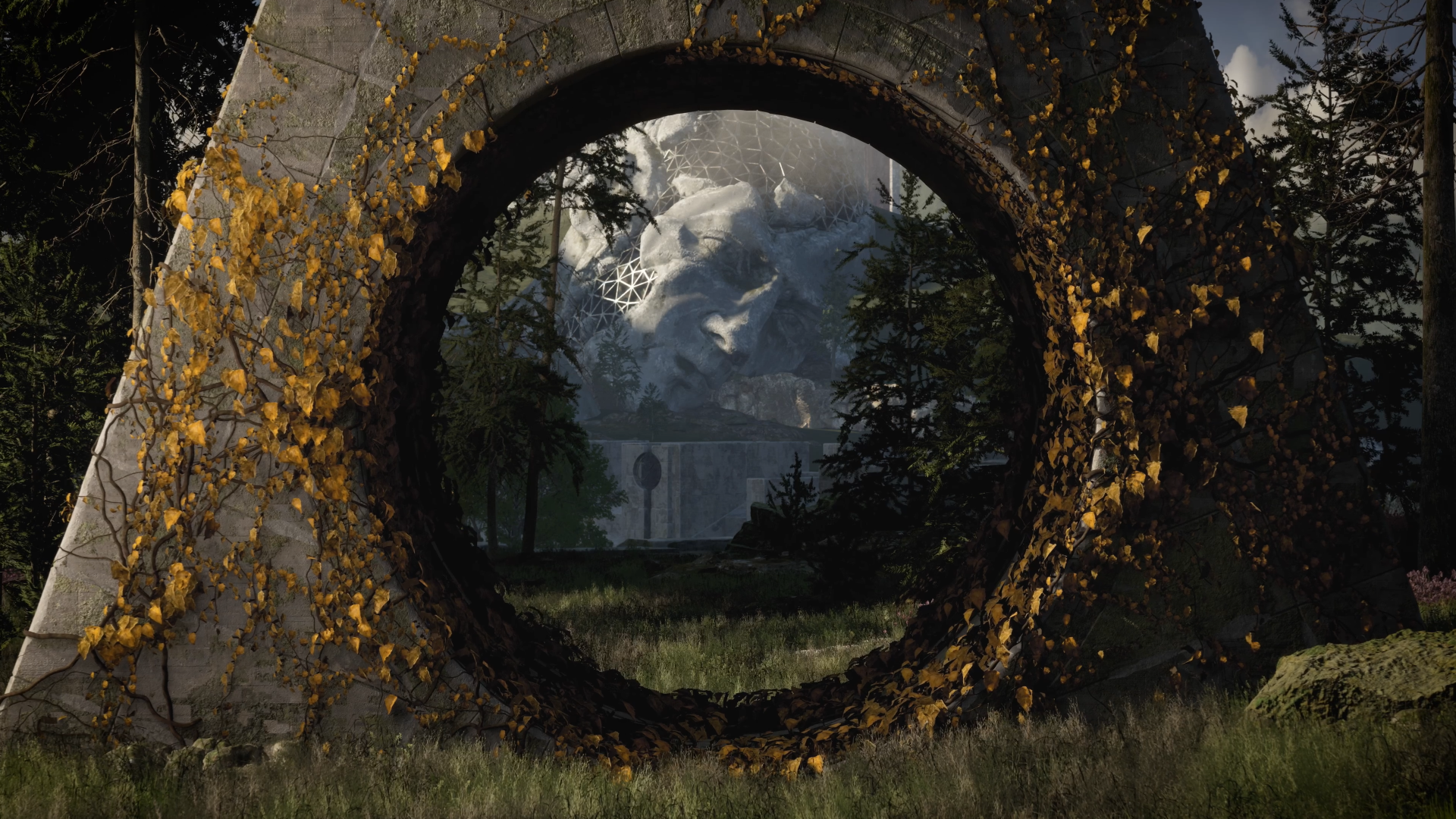 HD desktop wallpaper featuring a scenic view through a circular stone portal from The Talos Principle 2 video game, adorned with yellow leaves.