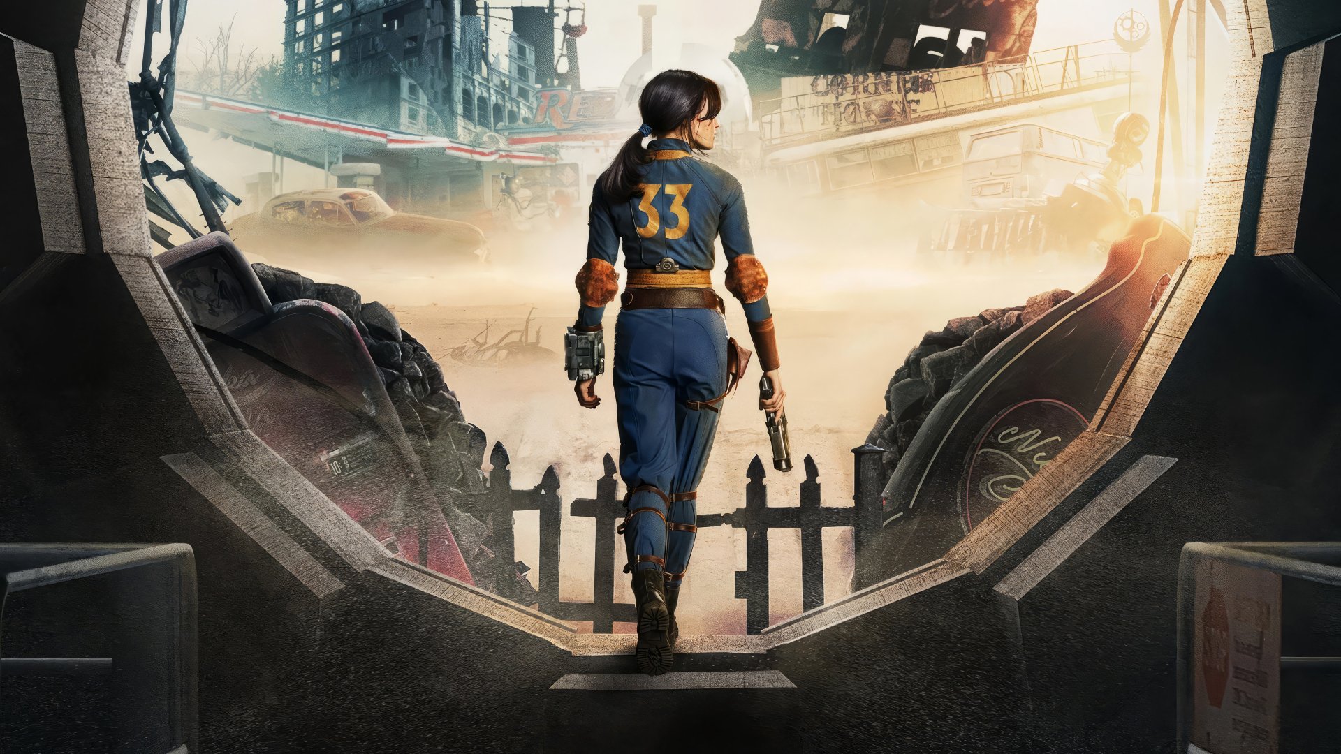 HD desktop wallpaper for the Fallout TV show, featuring a character in a blue Vault 33 jumpsuit walking towards a post-apocalyptic landscape.