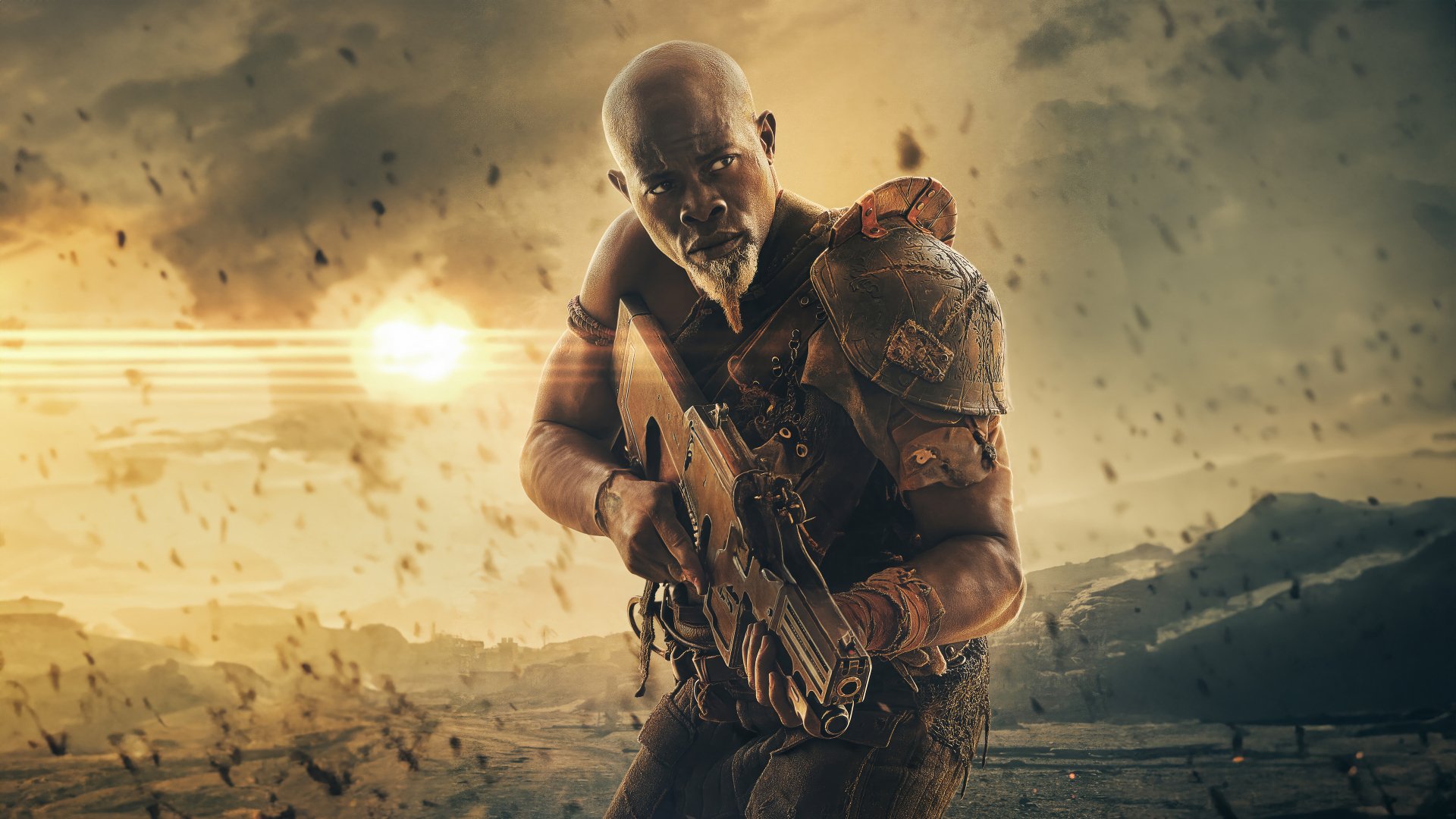 High-definition desktop wallpaper featuring a warrior character from the movie Rebel Moon, poised for action in a dynamic sci-fi battlefield setting.