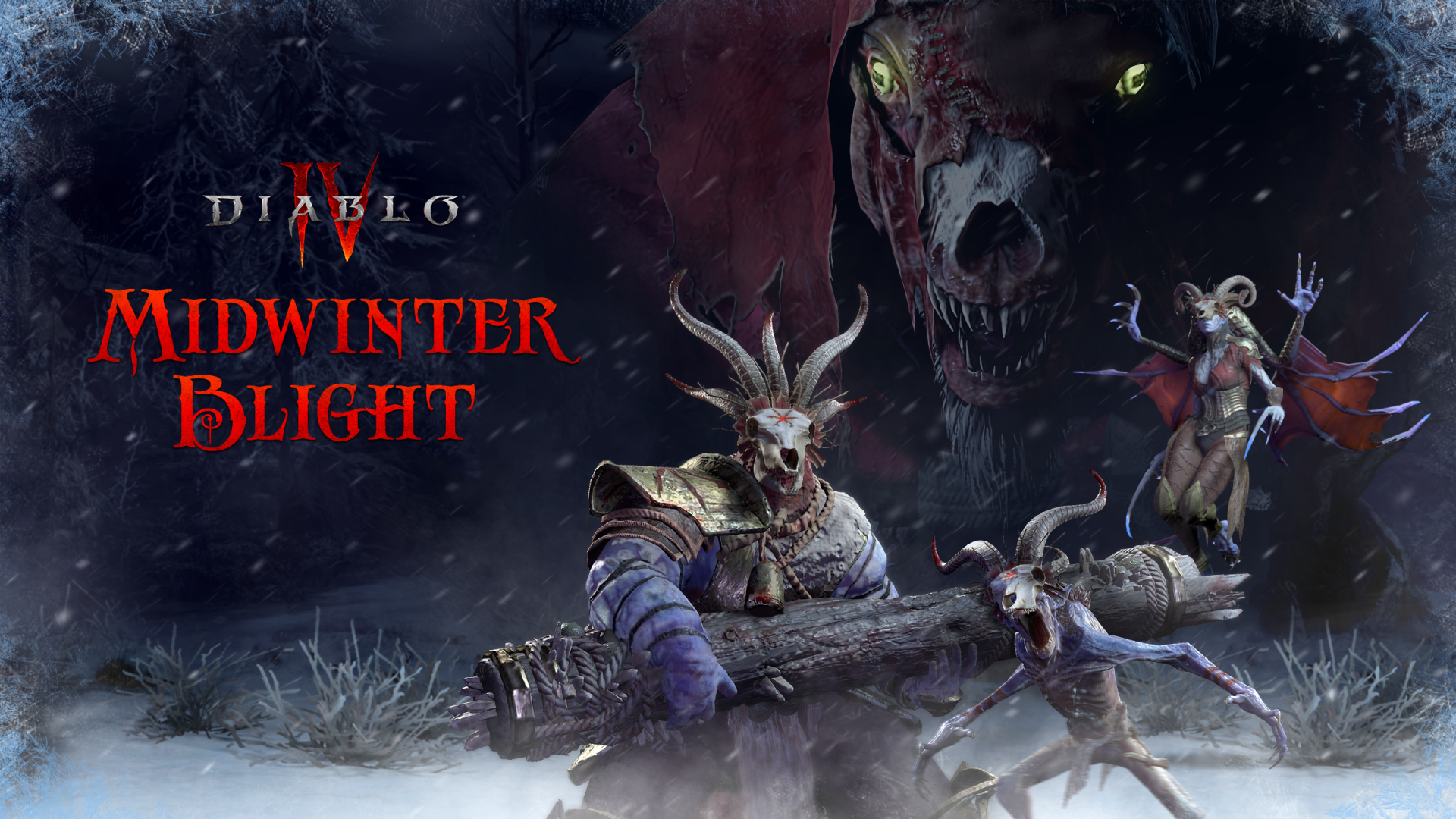 HD desktop wallpaper featuring Diablo IV's Midwinter Blight theme with menacing characters and eerie giant wolf background.