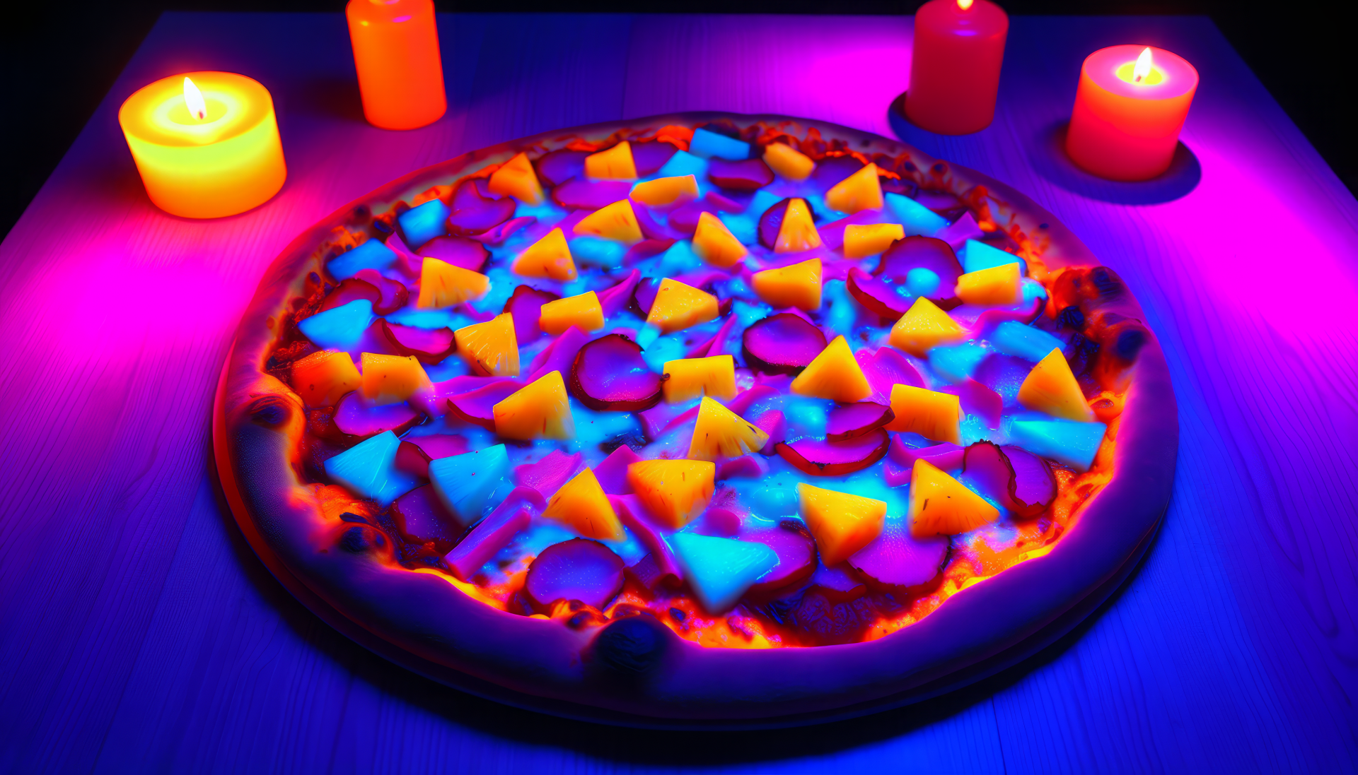 An HD wallpaper featuring a vibrant Hawaiian pizza with colorful toppings surrounded by glowing candles, creating a striking and inviting atmosphere.