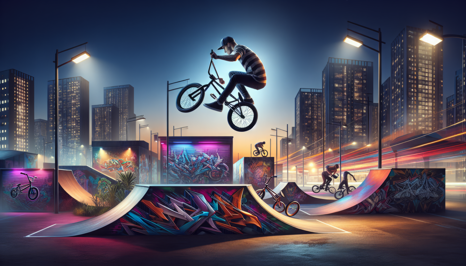 High-definition BMX wallpaper featuring a cyclist performing aerial tricks at a skatepark with vibrant street art, under the evening city lights.