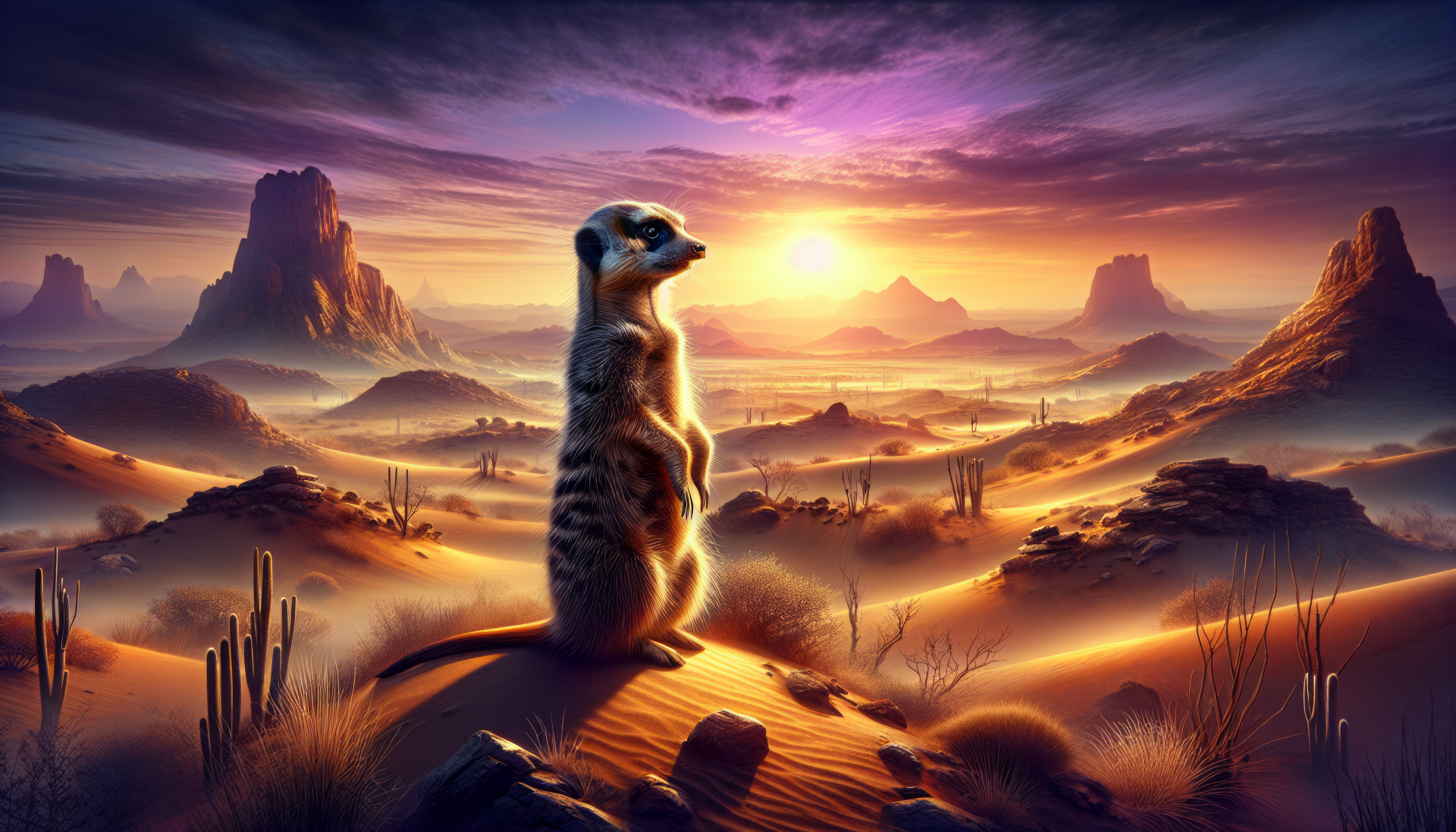 A vigilant meerkat standing on a desert sand dune with a vivid sunset backdrop in an HD wallpaper.