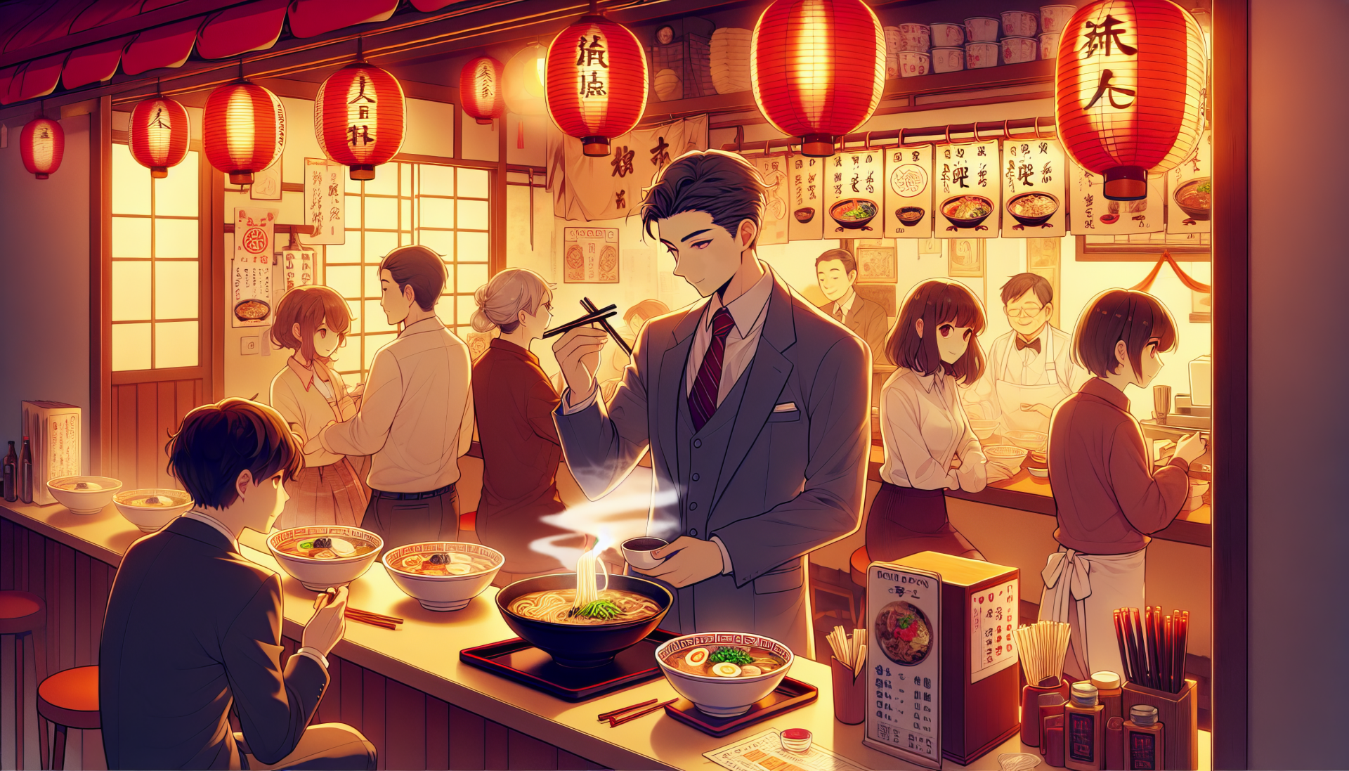 HD desktop wallpaper depicting a cozy ramen shop interior with people enjoying their meals under warm, glowing lanterns.