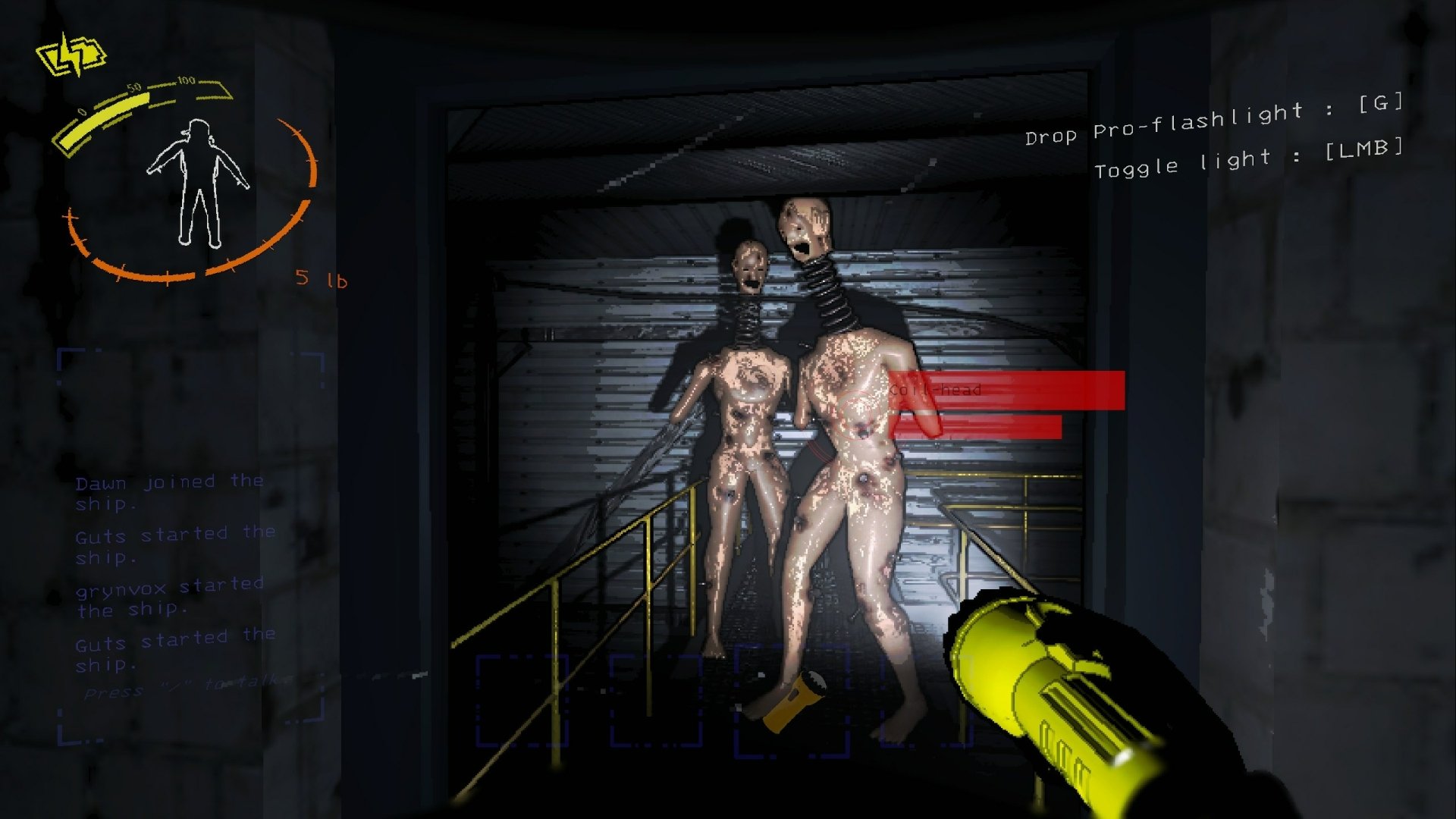 HD wallpaper featuring a tense scene from the video game Lethal Company, with two menacing characters illuminated by a flashlight in a dark corridor.