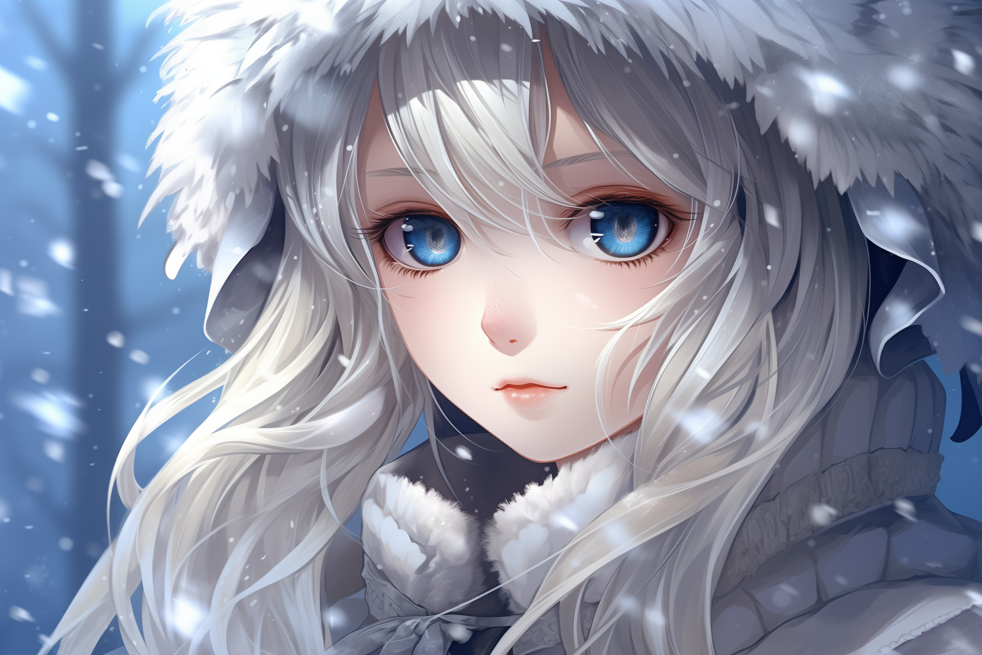 Anime-style dark fantasy portrait of a girl with silver hair and striking blue eyes, surrounded by falling snow, set in a dreamy, mystical winter landscape HD wallpaper.