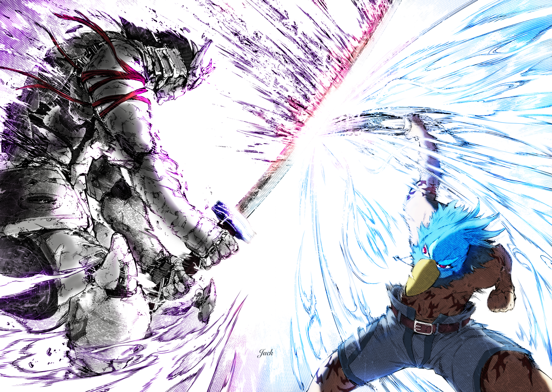 Dynamic HD anime wallpaper featuring Wezaemon and Sunraku in an intense battle scene from Shangri-la Frontier, showcasing vivid energy and striking contrast.