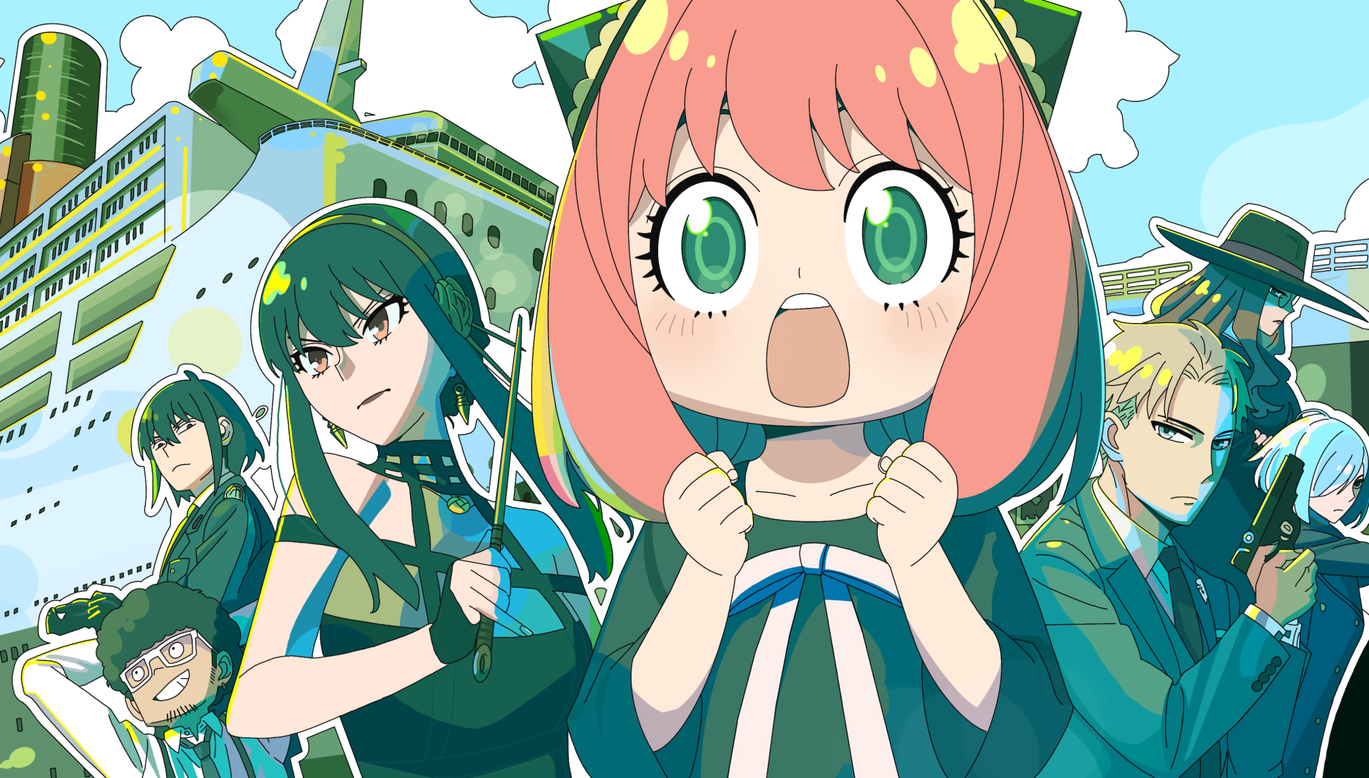 Anime characters Anya Forger, Yor Forger, and Loid Forger from Spy x Family are featured in this vibrant HD desktop wallpaper, capturing their adventurous spirit against a colorful backdrop.