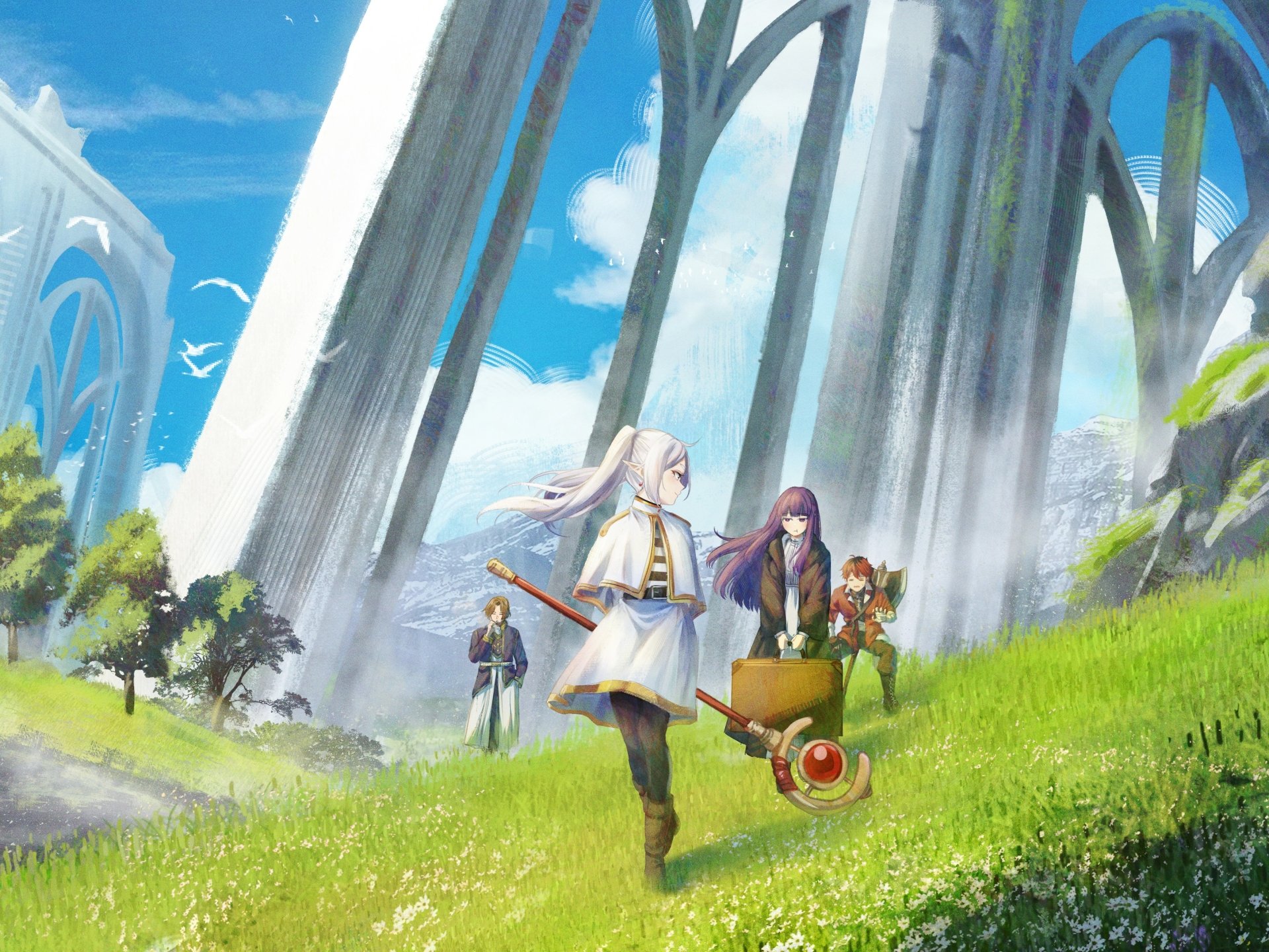 HD PC desktop wallpaper featuring characters from the anime Frieren: Beyond Journey's End in a bright, expansive landscape with towering arches and a blue sky.