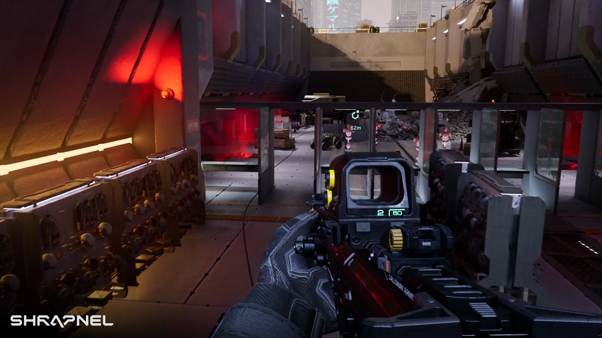 First-person view of a player holding a gun in Shrapnel video game HD wallpaper.