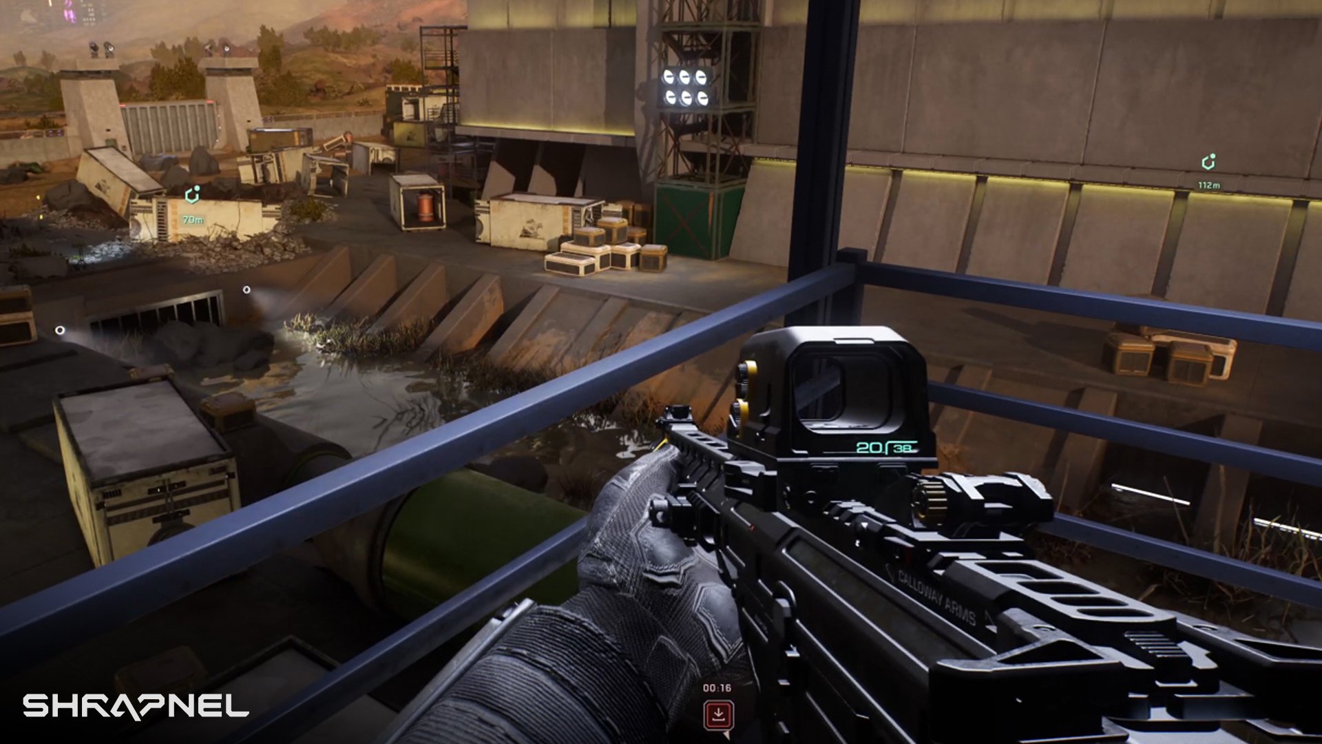 HD wallpaper of first-person perspective in the video game Shrapnel, featuring a detailed view of a rifle and industrial game environment.