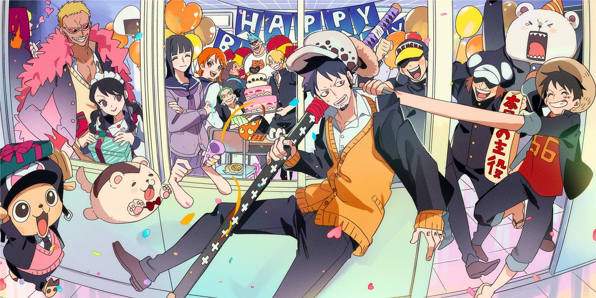 HD PC desktop wallpaper featuring a vibrant One Piece anime celebration with characters enjoying a festive party filled with balloons, cake, and joyful expressions.