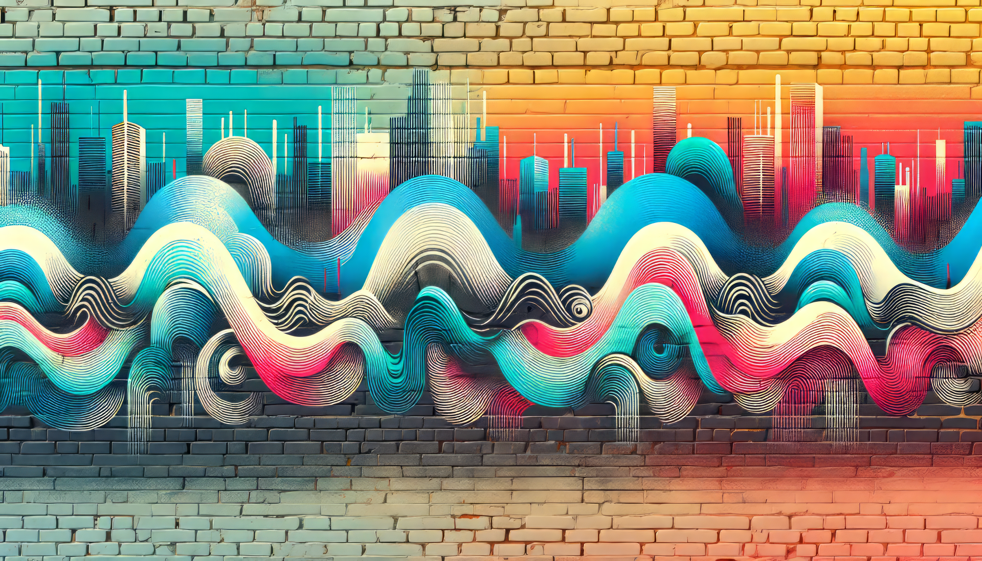 HD desktop wallpaper featuring abstract colorful wave patterns blending with a stylized cityscape on a brick wall background.