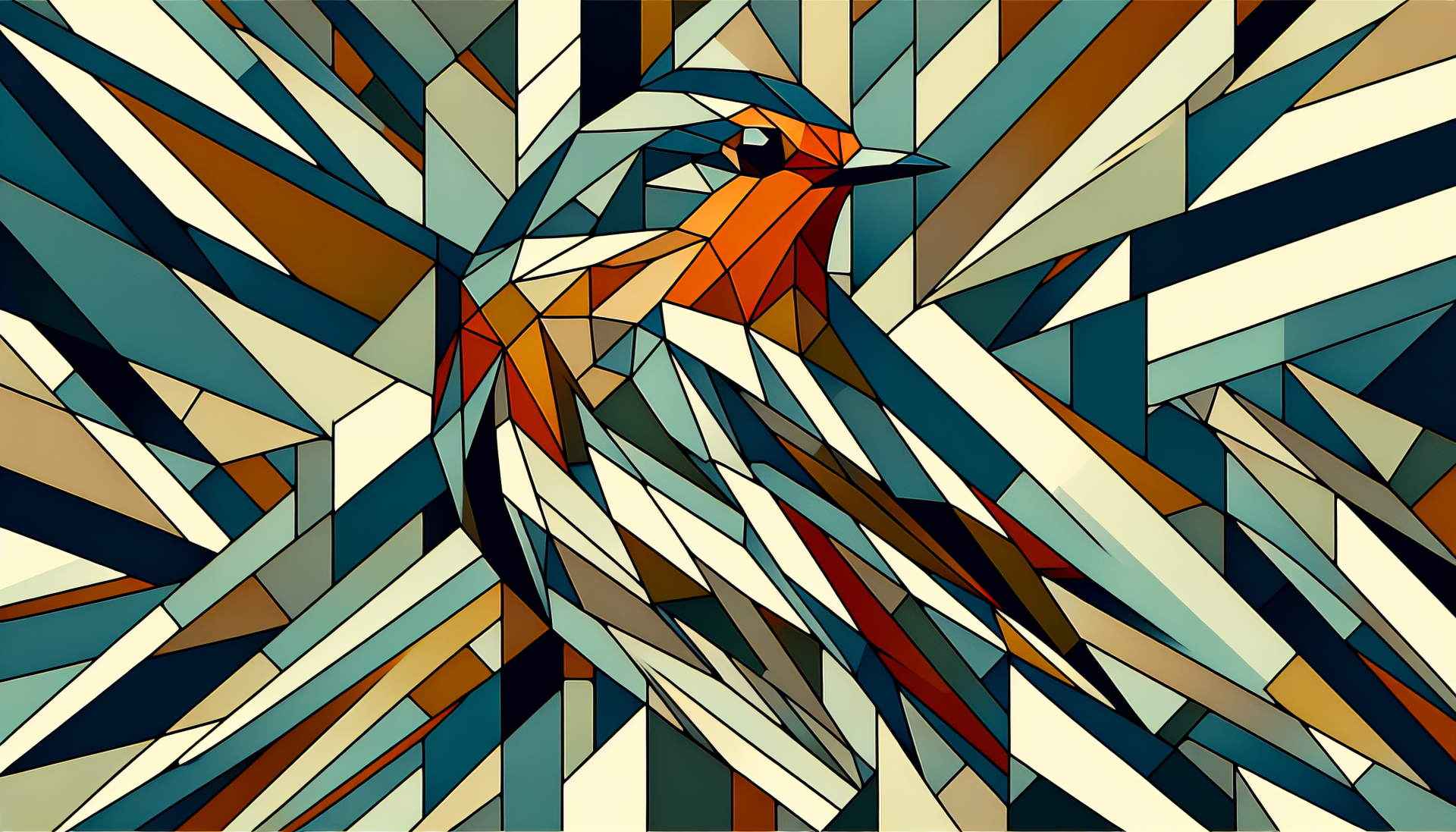 Abstract geometric robin HD wallpaper for desktop backgrounds, featuring a stylized bird in a vibrant mosaic of colors.