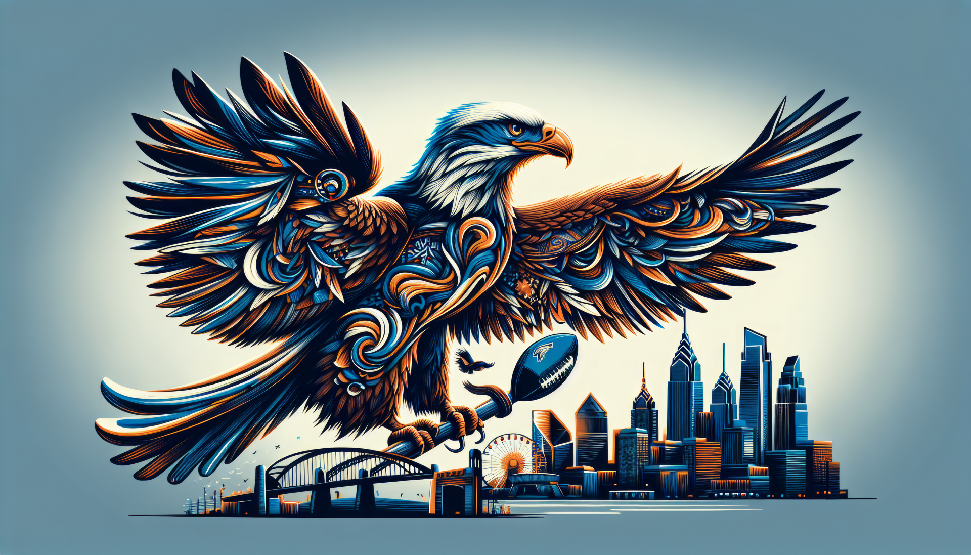 HD desktop wallpaper featuring a stylized eagle in flight above the Philadelphia skyline, symbolizing the Philadelphia Eagles.