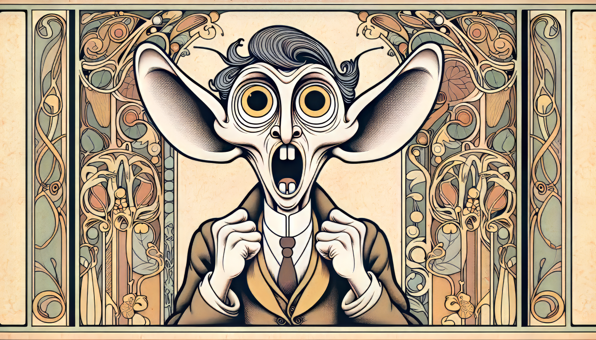 HD desktop wallpaper featuring a cartoon-style character with an exaggerated goofy expression, framed by an ornate Art Nouveau design.