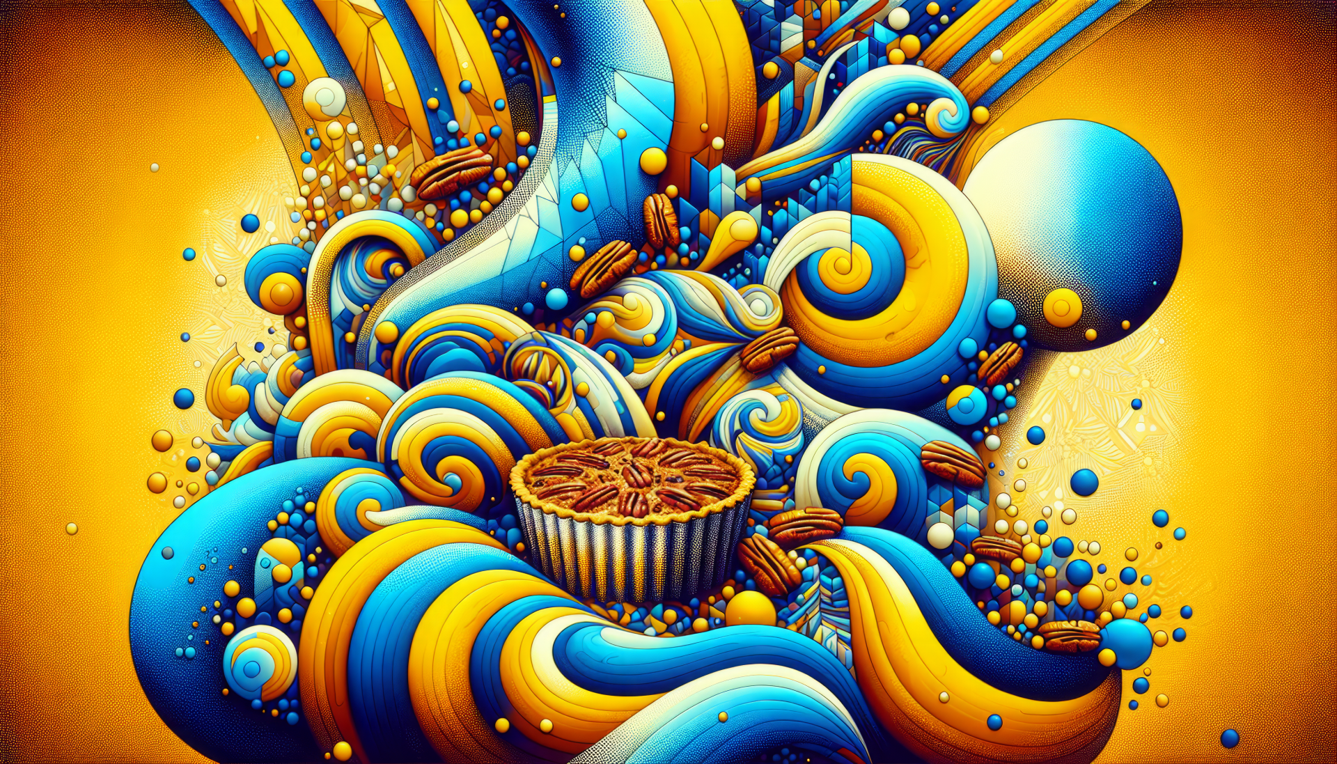A vibrant HD desktop wallpaper featuring a stylized pecan pie surrounded by swirling blue and yellow patterns, creating an energetic and artistic atmosphere.