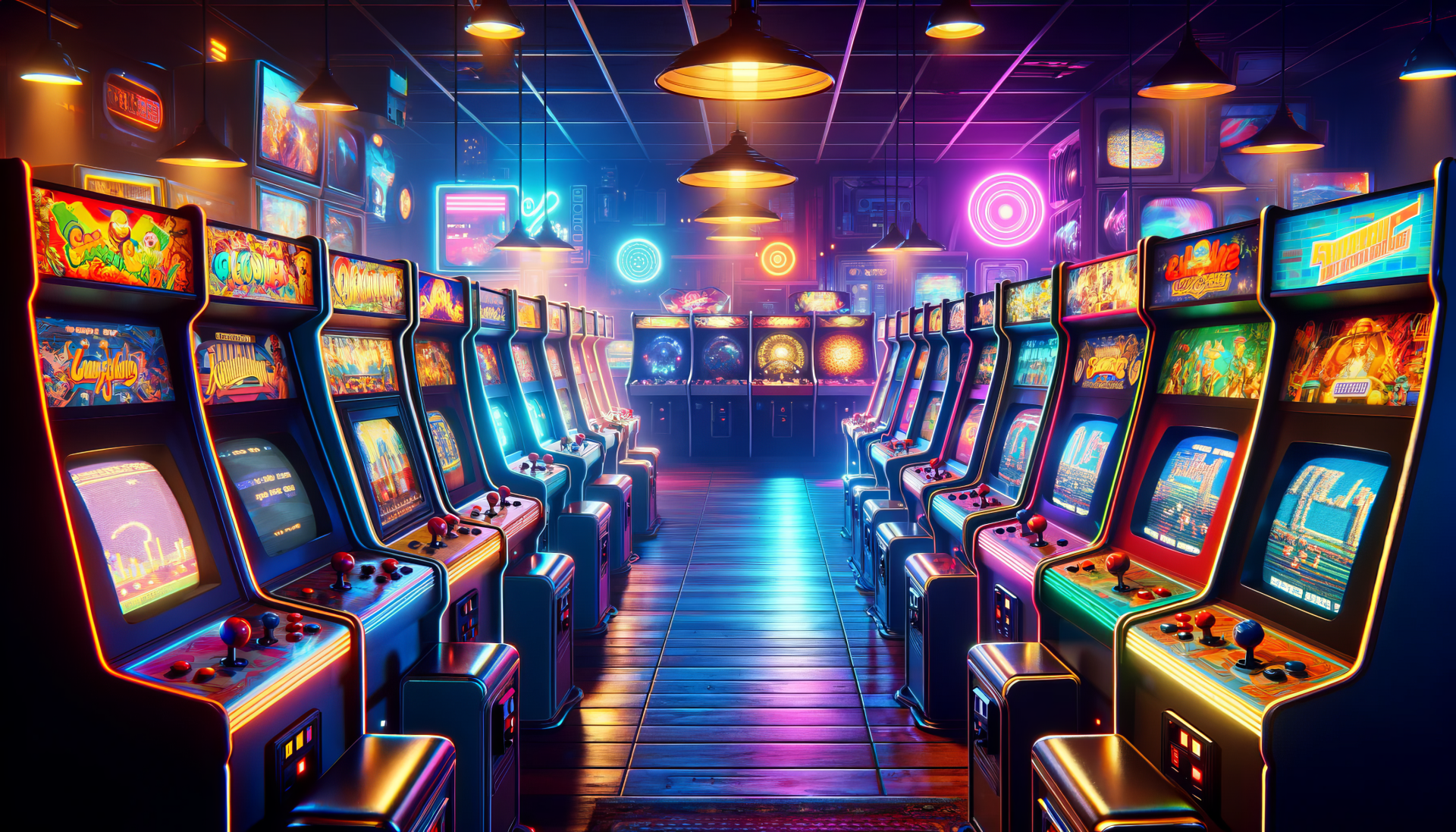 Vibrant HD desktop wallpaper of a retro arcade room with rows of colorful arcade machines illuminated by neon lights.