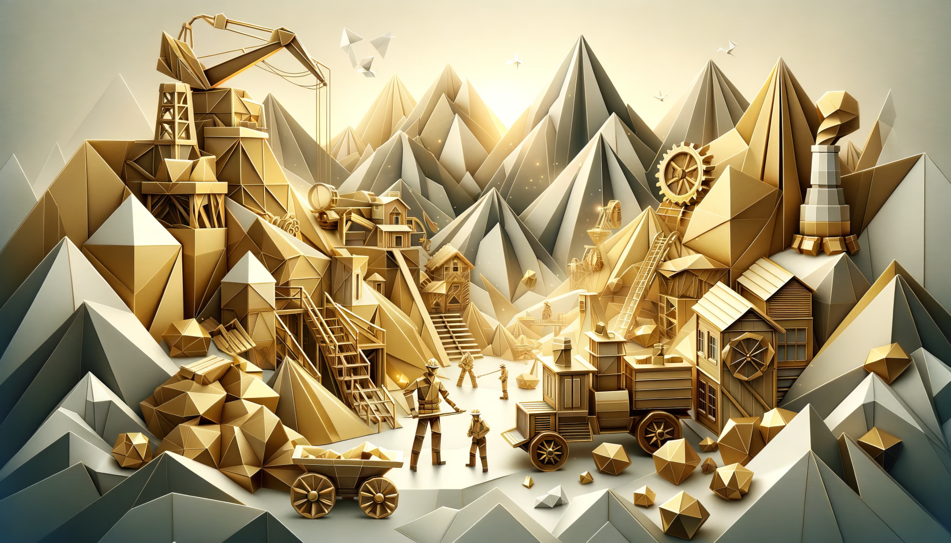 HD desktop wallpaper featuring an artistic gold mining scene with mountains, mining structures, and equipment.