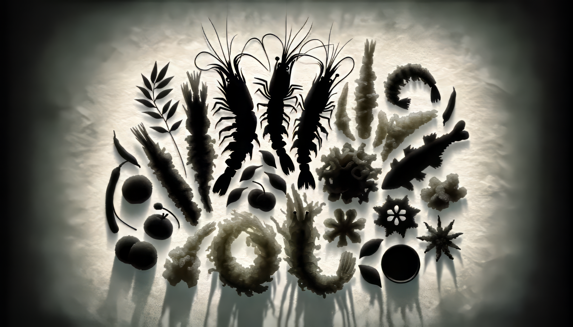 Decorative HD desktop wallpaper featuring artistic silhouettes of tempura and assorted plants with a moody, shadowy background.