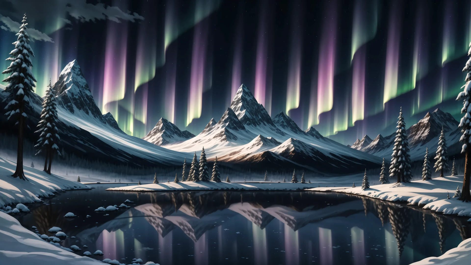 4K Ultra HD PC desktop wallpaper showcasing a serene mountain landscape with a lake reflecting vibrant aurora borealis lights in the night sky.