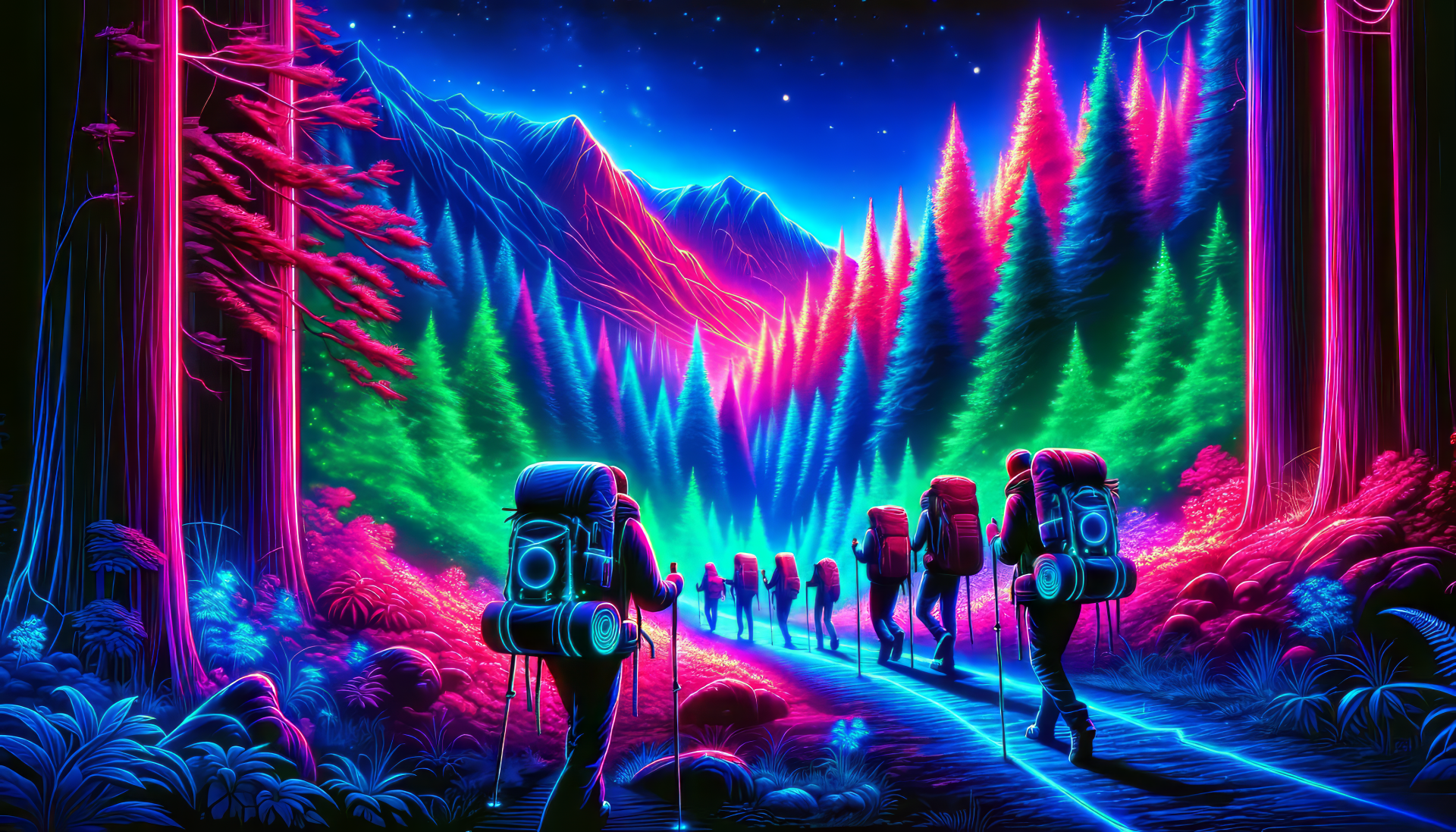 Group of backpackers trekking through a vibrant and colorful forest with aurora lights in the sky - HD wallpaper background.