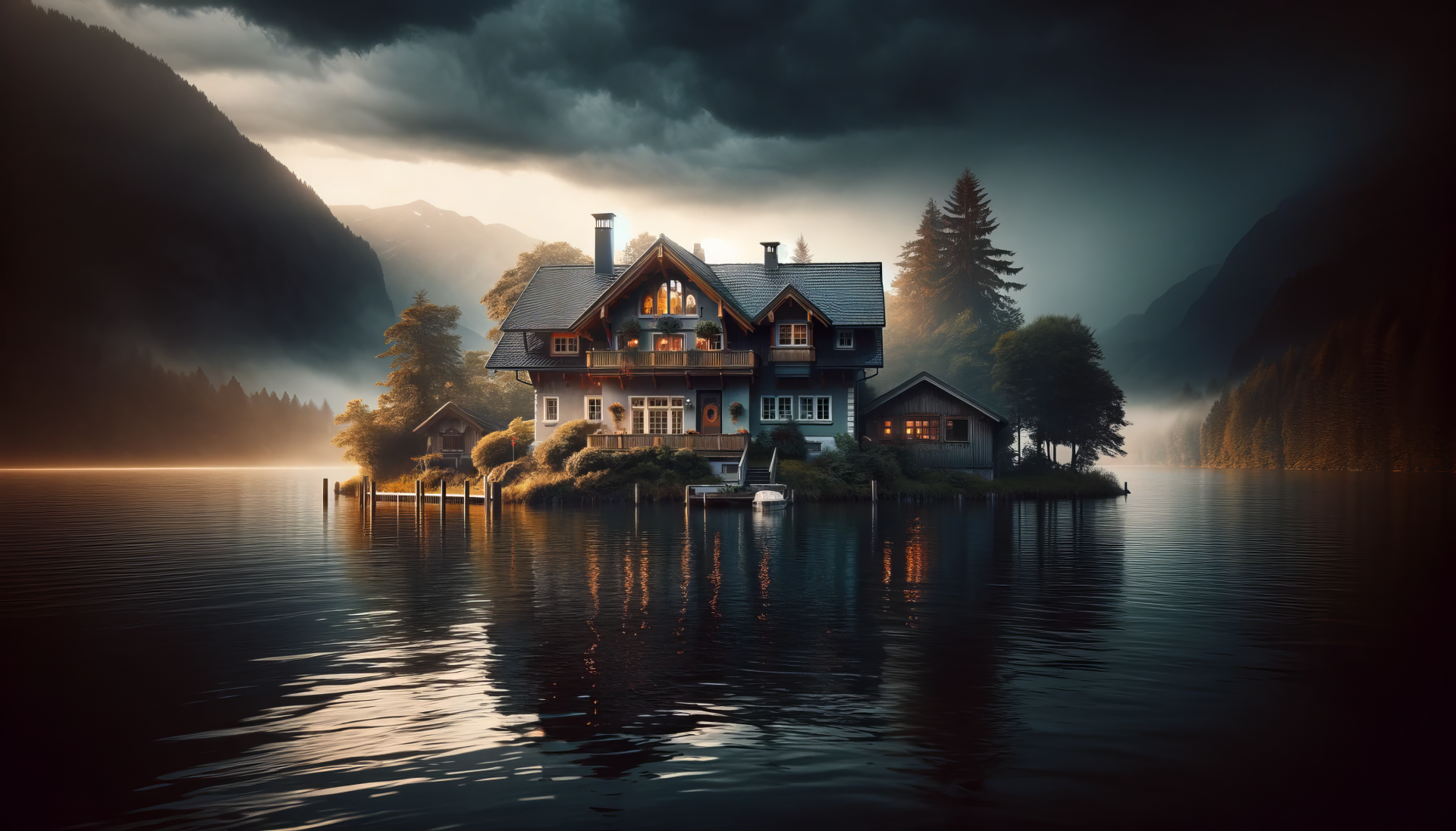 HD desktop wallpaper of a serene lake house at dusk, with warm lights illuminating the windows and a misty atmosphere, set against a backdrop of calm waters and shadowy mountains.