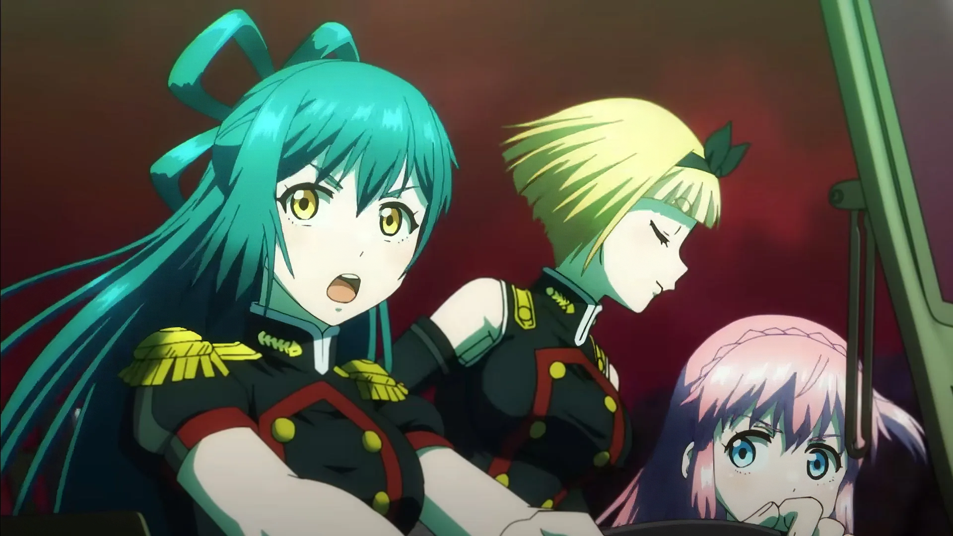 High-definition desktop wallpaper featuring an anime scene with a trio of soldier characters, one appearing chained and in distress, set against a dramatic background.