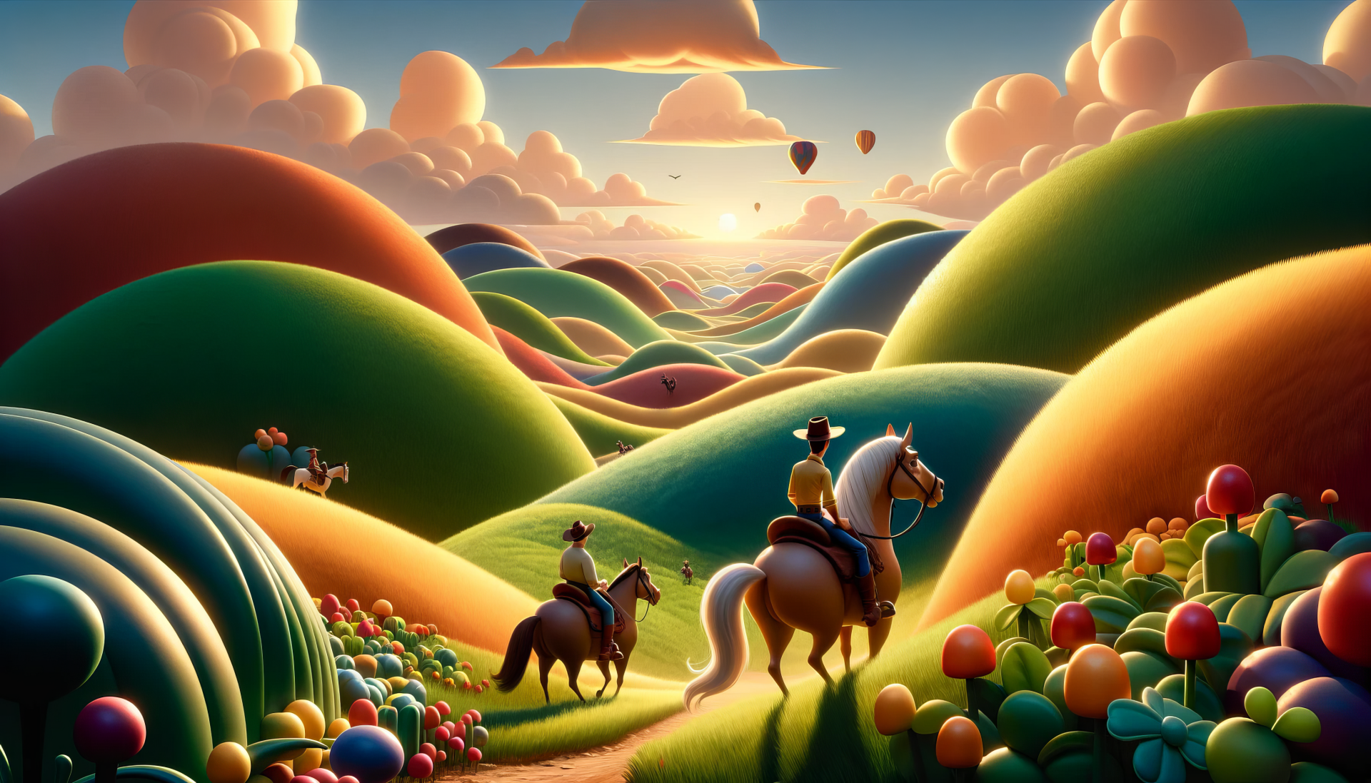 HD desktop wallpaper featuring a whimsical animated landscape with people horseback riding over vibrant hills, surrounded by colorful balloons, under a picturesque sky with hot air balloons.