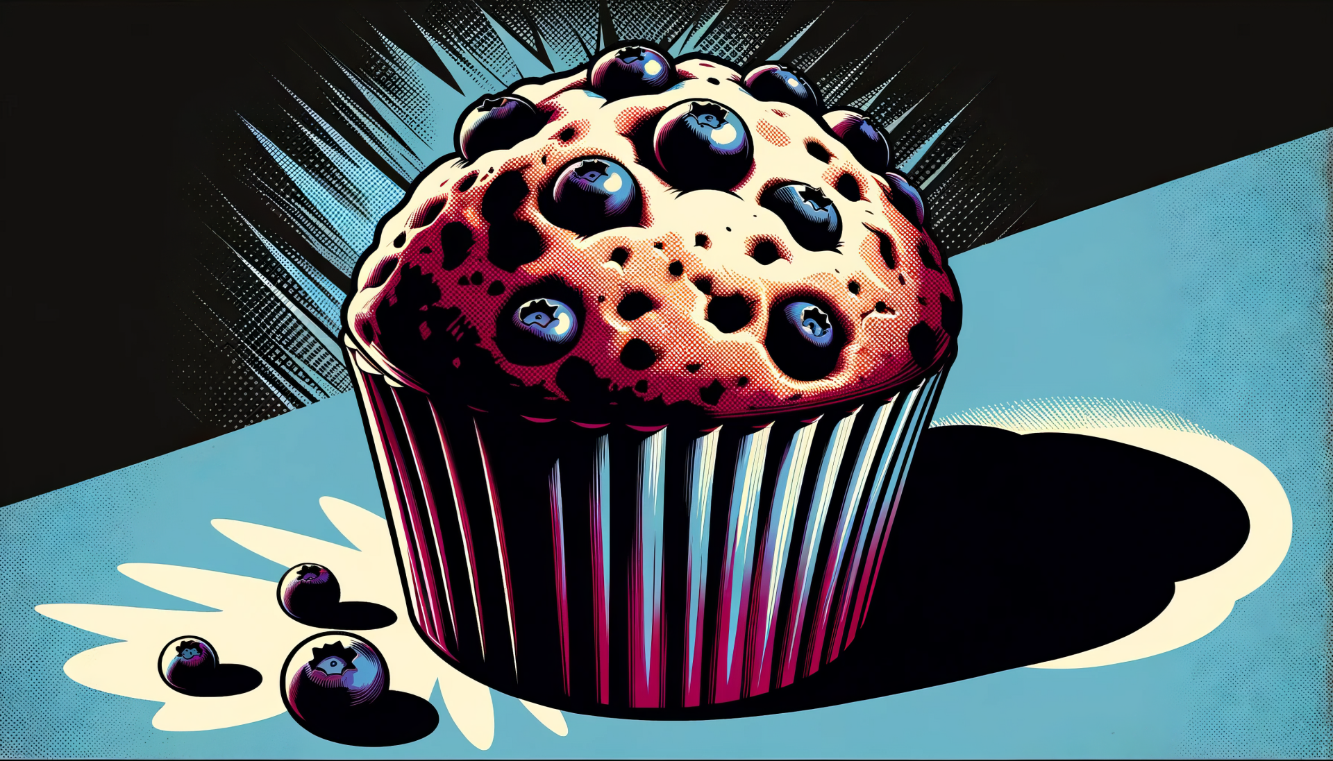 A vibrant HD desktop wallpaper featuring a blueberry muffin with a golden-brown top, highlighted against a dynamic background, showcasing scattered blueberries beside it.