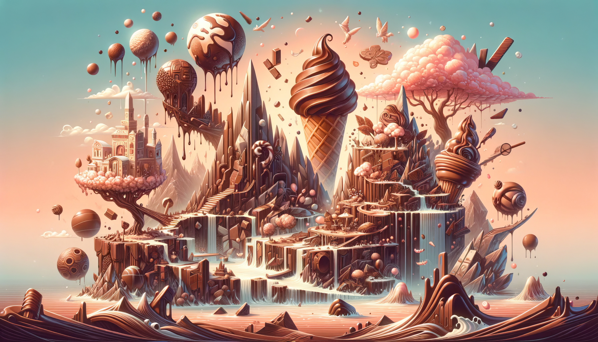 HD desktop wallpaper featuring a whimsical chocolate ice cream themed fantasy landscape with melting ice cream and confectionery details.