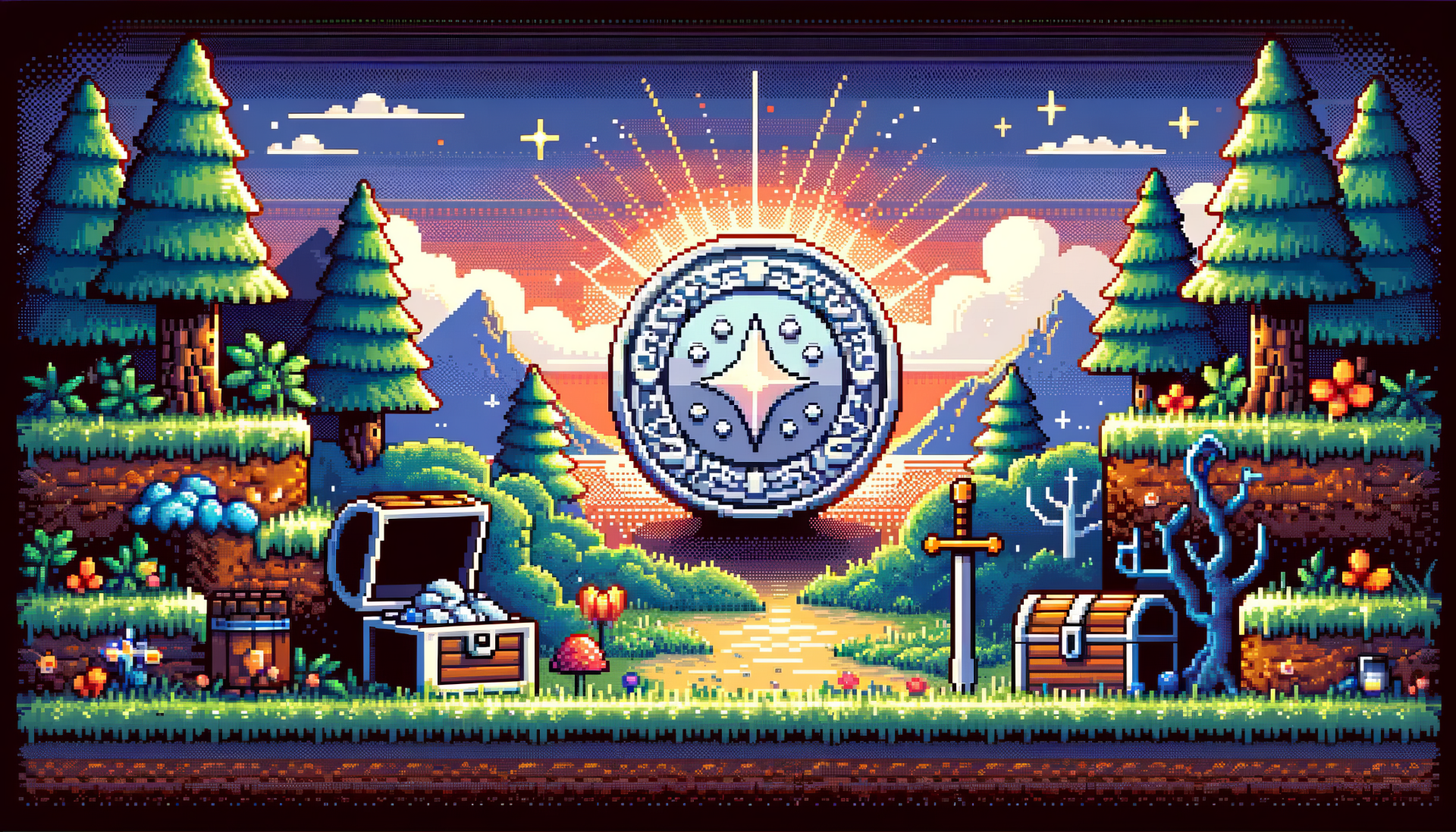 Pixel art HD desktop wallpaper featuring a shining silver coin with mystical symbols amidst a fantasy landscape with trees, chests, and starry sky.