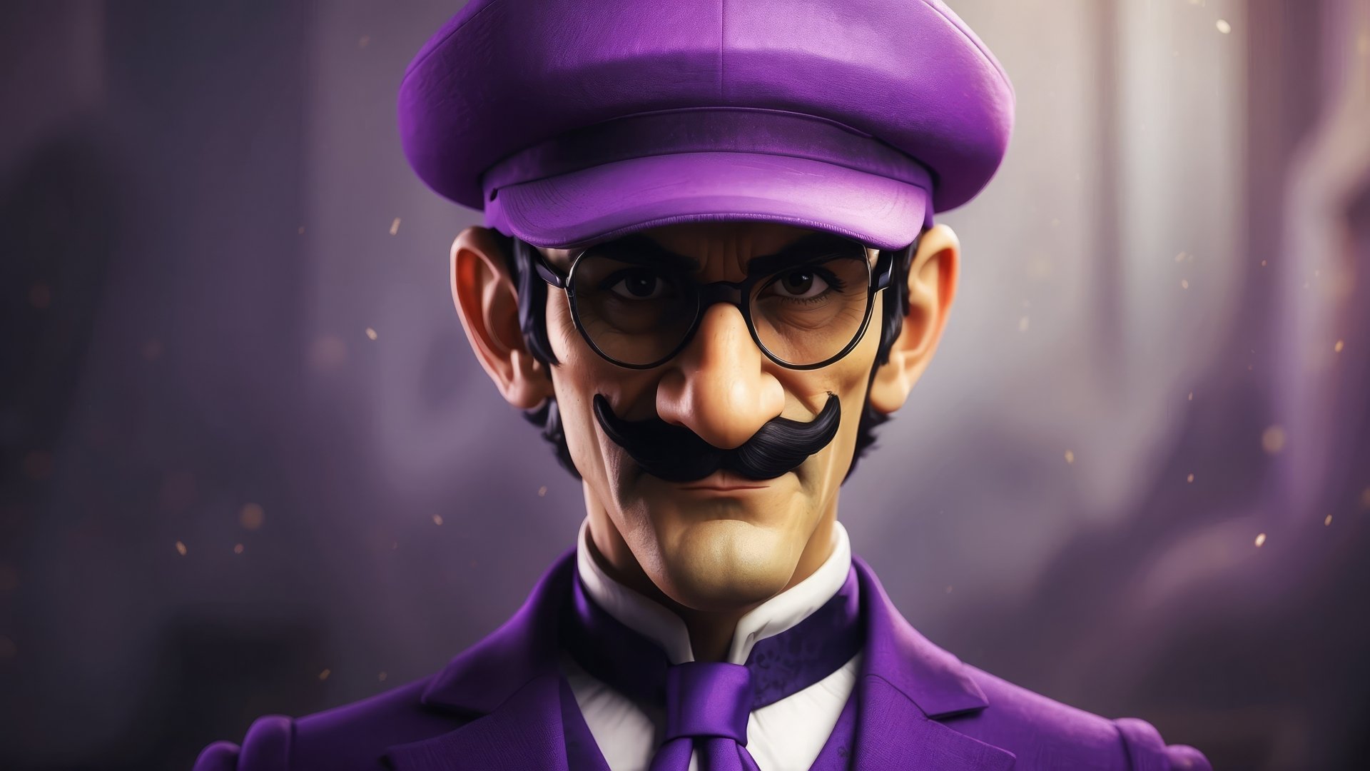 HD PC desktop wallpaper of Waluigi in a detailed character design, featuring his signature purple outfit and mustache from the video game series.