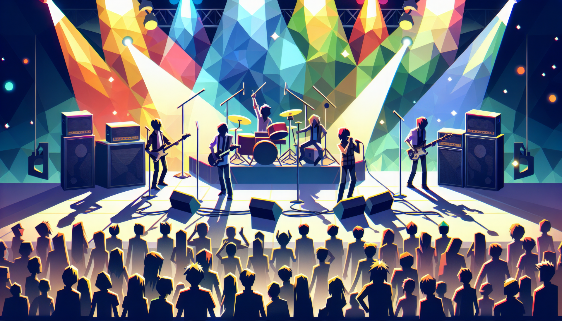 Vibrant HD PC desktop wallpaper of a live music concert featuring a band on stage with colorful stage lights and an enthusiastic audience.