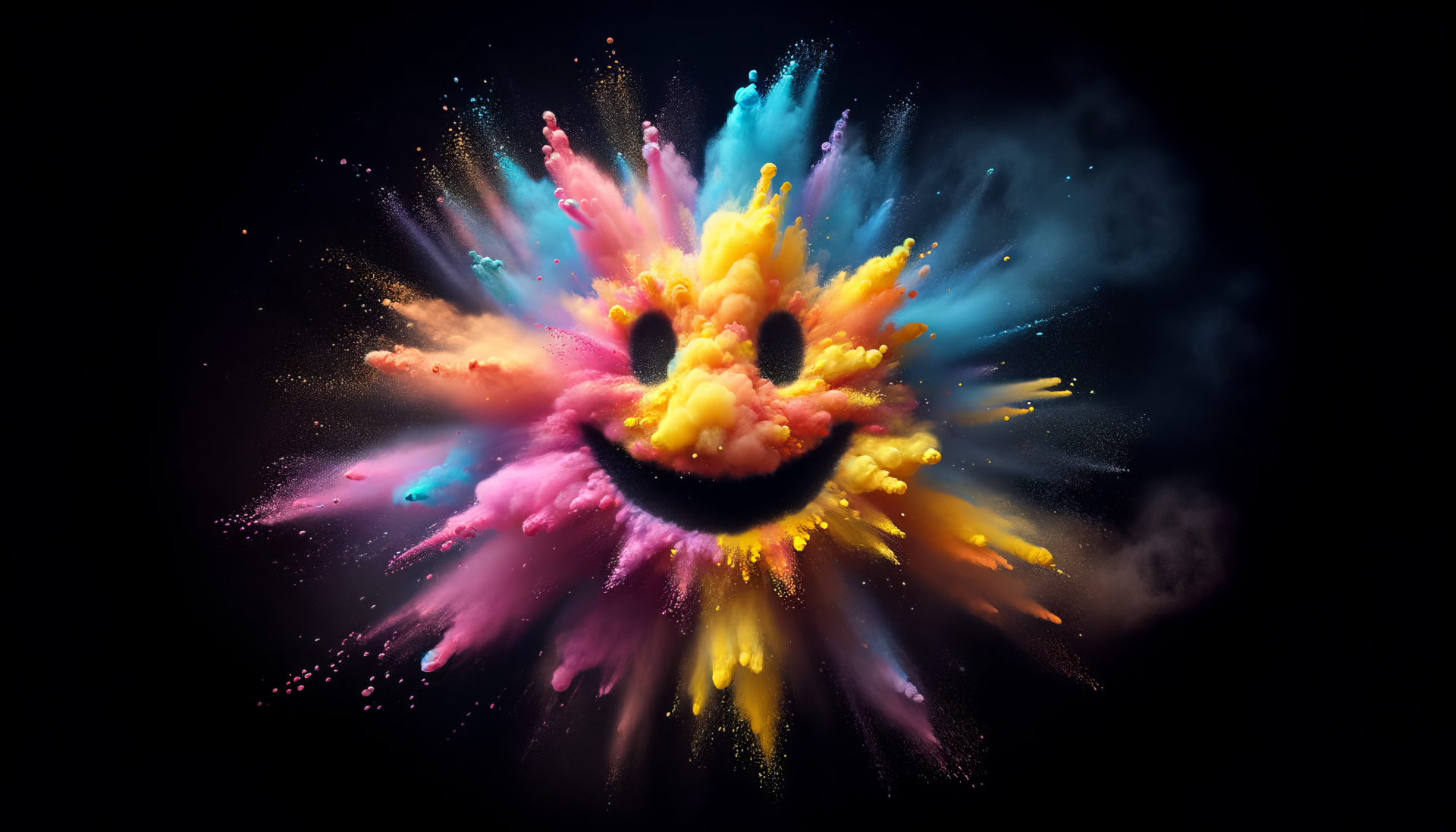 Colorful explosion of powders forms a happy face, radiating joy and vibrant energy. This HD desktop wallpaper adds a cheerful touch to any background.