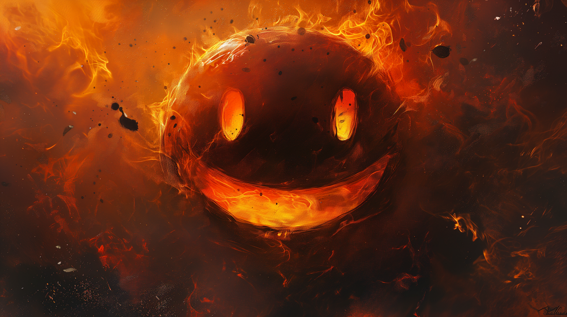 HD wallpaper featuring a fiery happy face engulfed in flames, exuding warmth and joy.