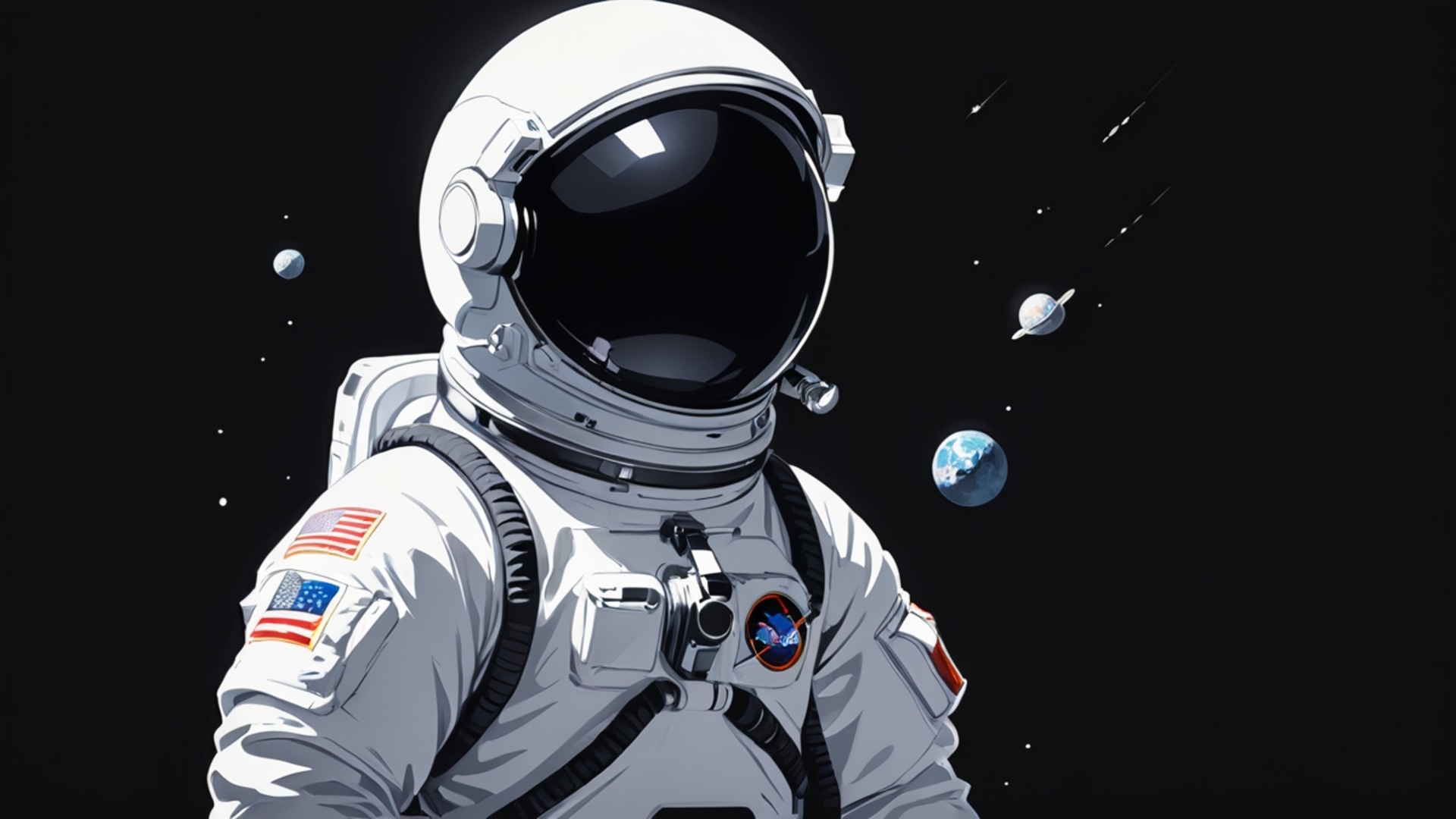 HD PC desktop wallpaper featuring an astronaut floating in the dark universe, surrounded by planets, evoking a sense of space exploration and loneliness.
