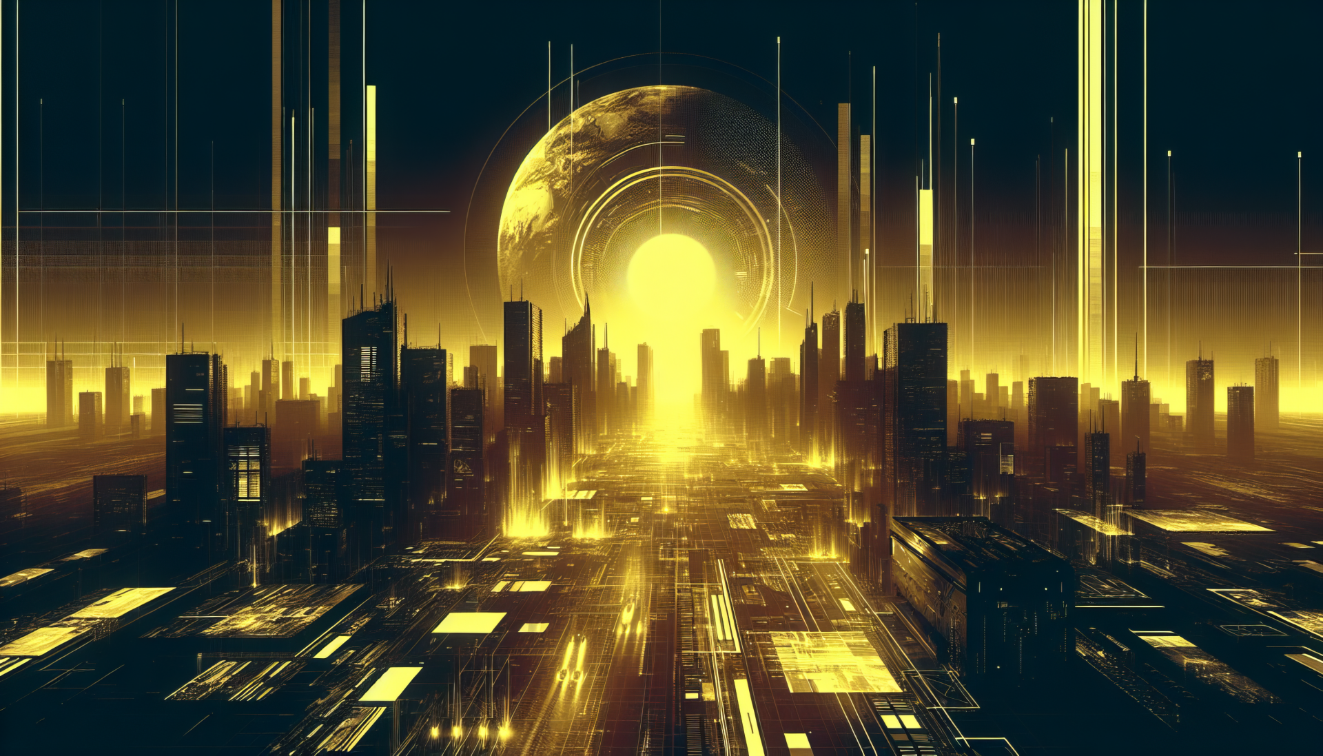 HD science fiction desktop wallpaper featuring a futuristic cityscape with a glowing sun-like sphere at the horizon.